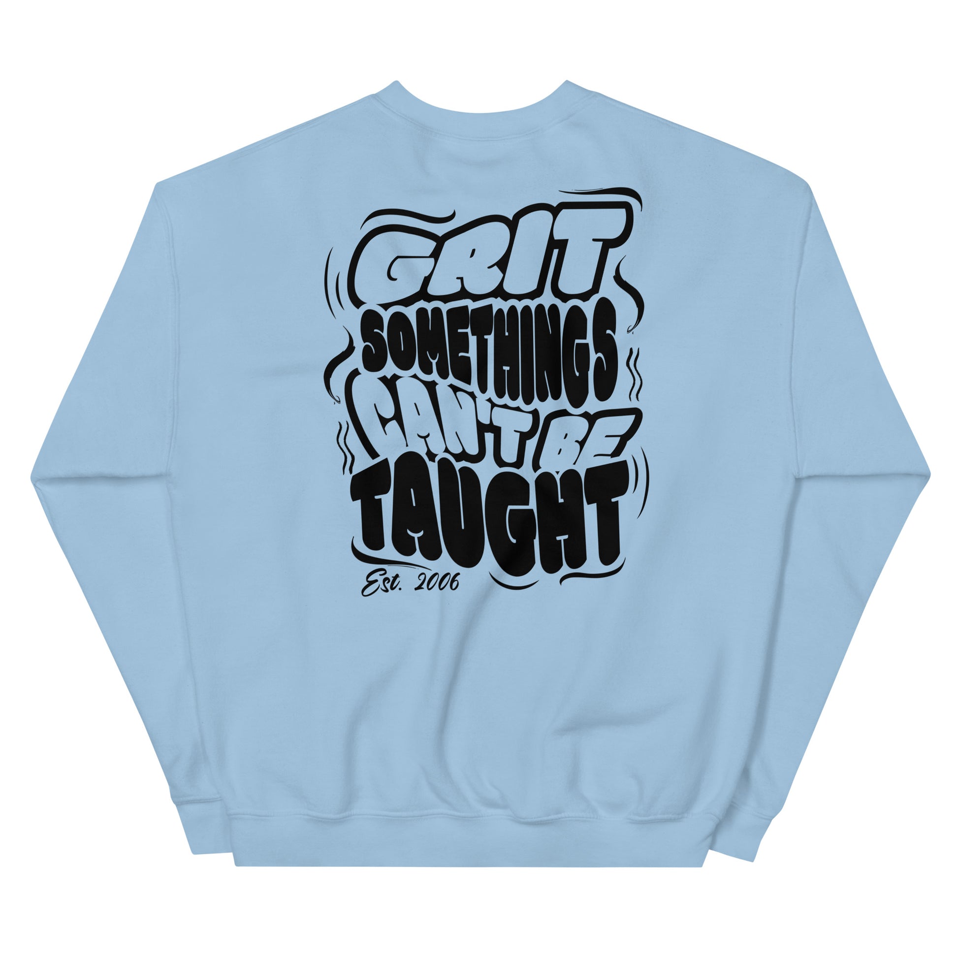 Light blue sweatshirt with black text on a white background