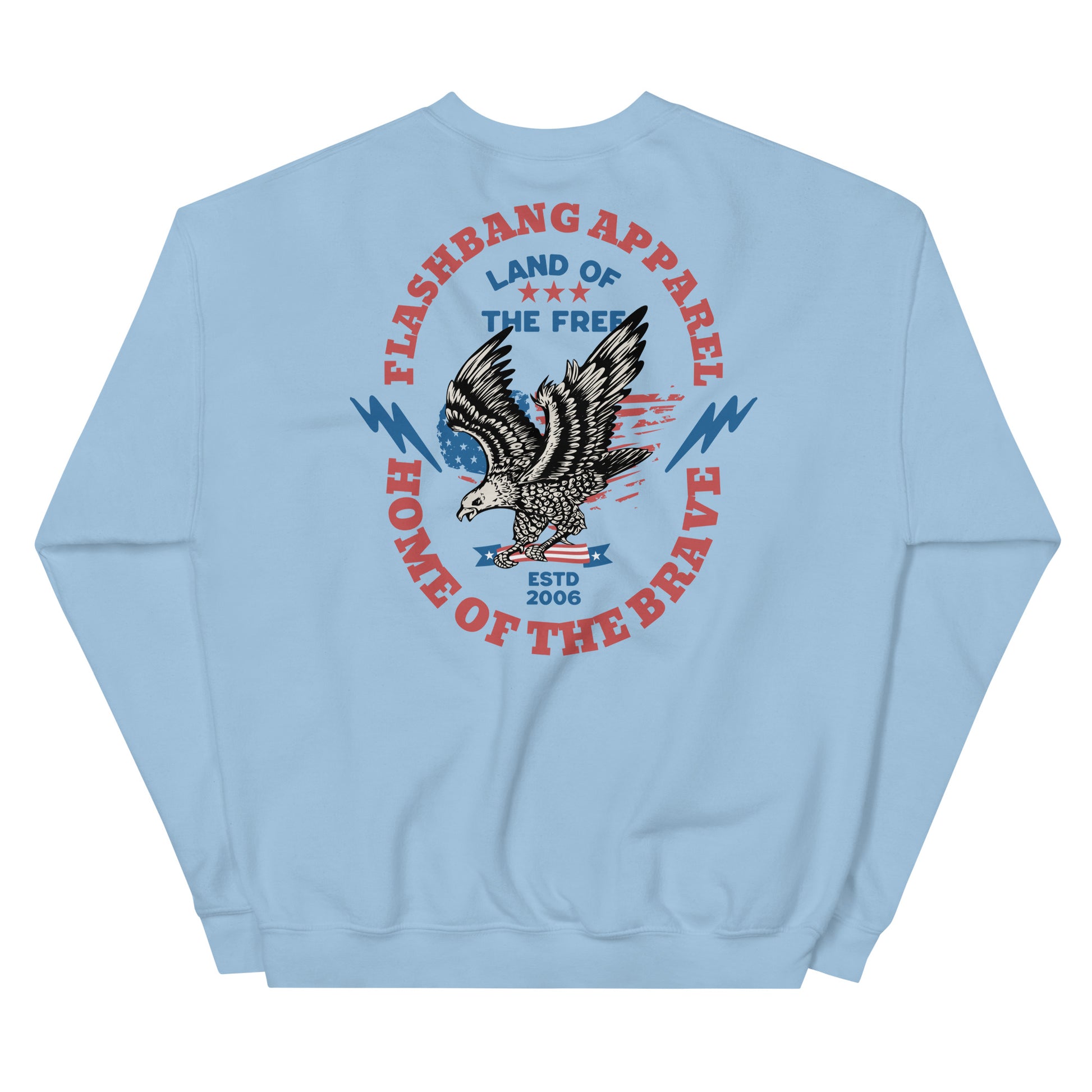 Light blue sweatshirt with an eagle graphic and text on the back, on a white background