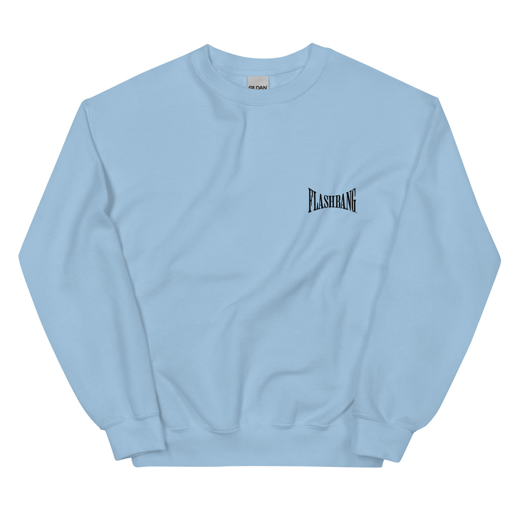 Light blue sweatshirt with 'FLASHBANG' logo on a white background