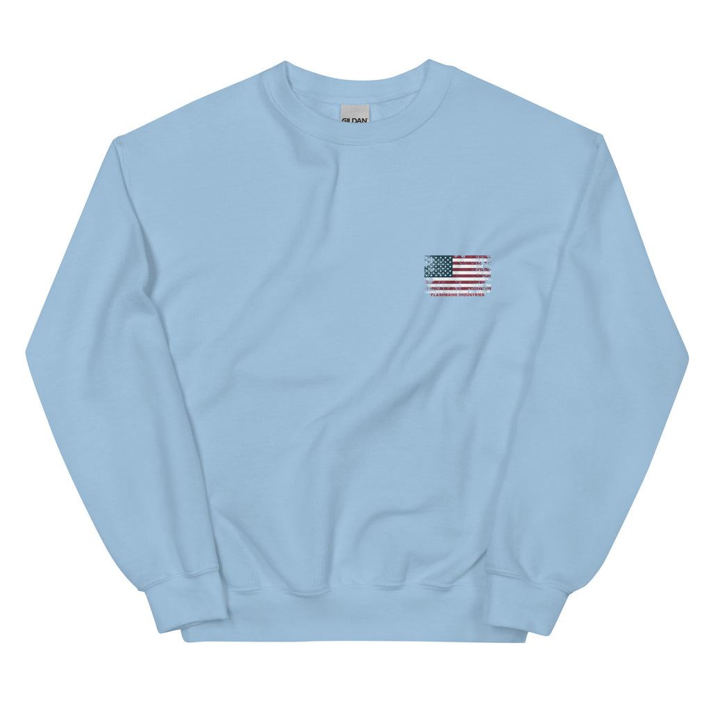 Light blue sweatshirt with an American flag patch on a white background