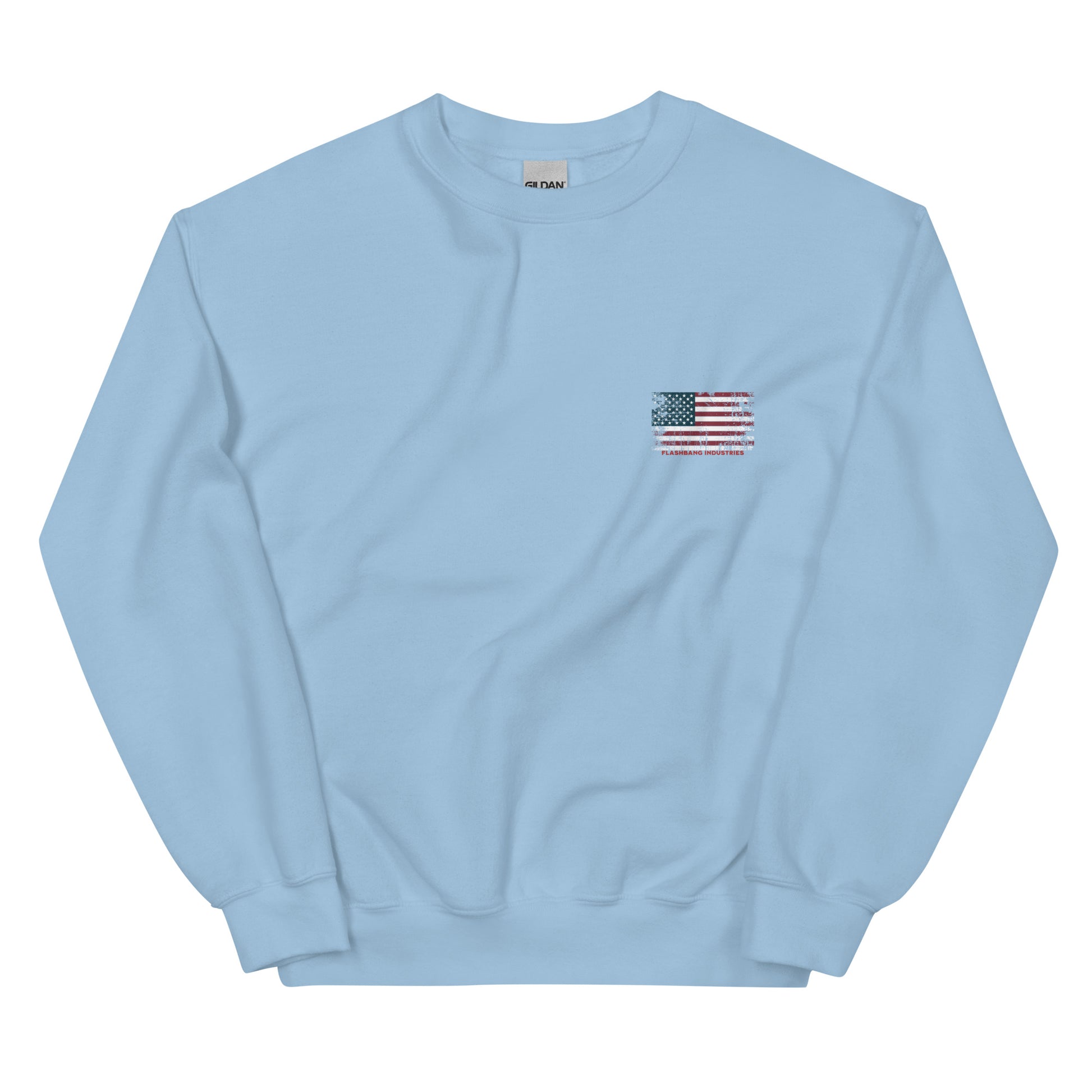 Light blue sweatshirt with an American flag patch on a white background