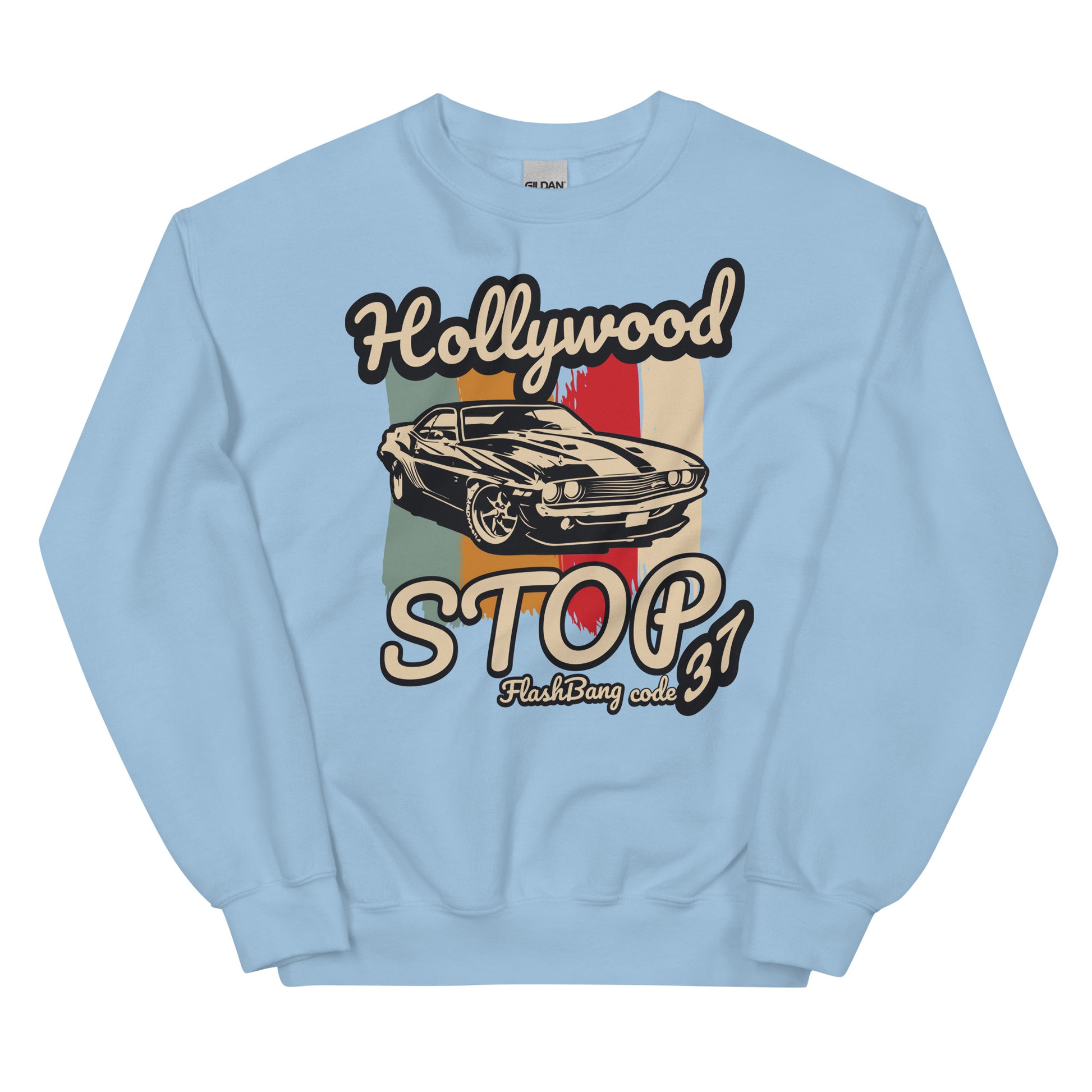Light blue sweatshirt with a graphic of a car and text on a white background