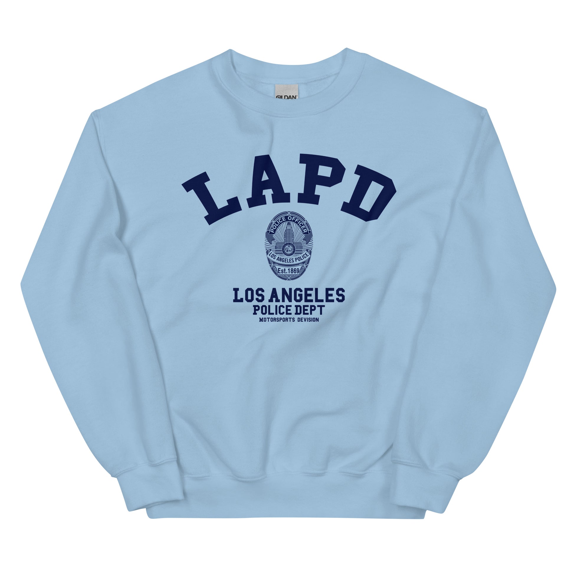 Light blue sweatshirt with LAPD Los Angeles Police Dept logo on a white background