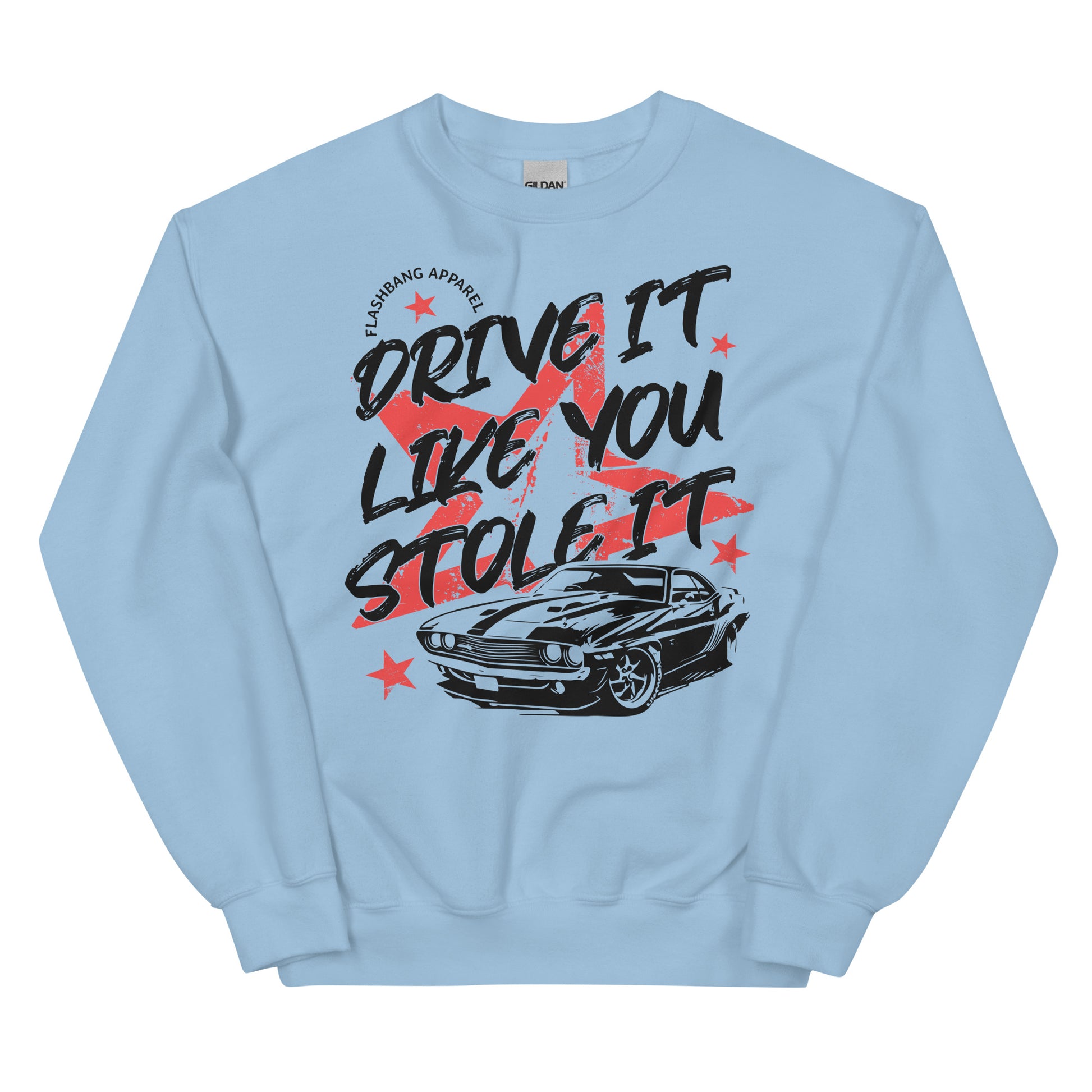 Light blue sweatshirt with graphic design and text on a white background