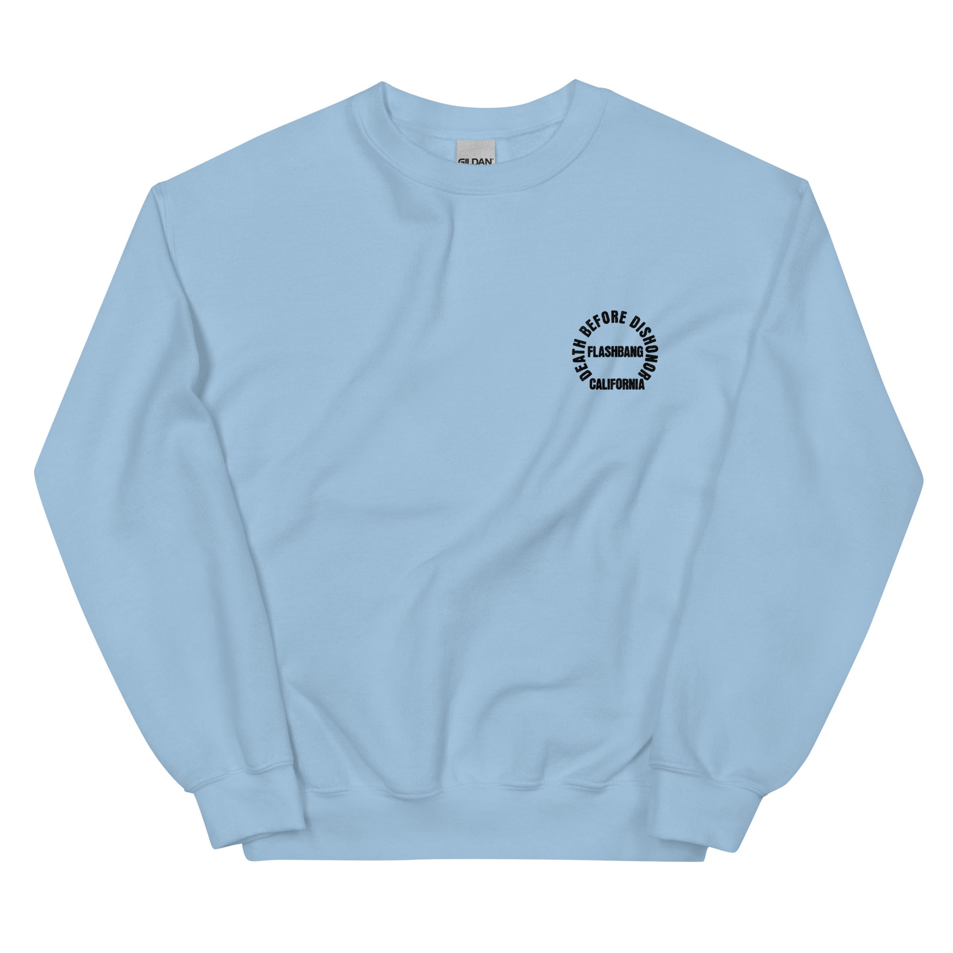 Light blue sweatshirt with a black logo on a white background