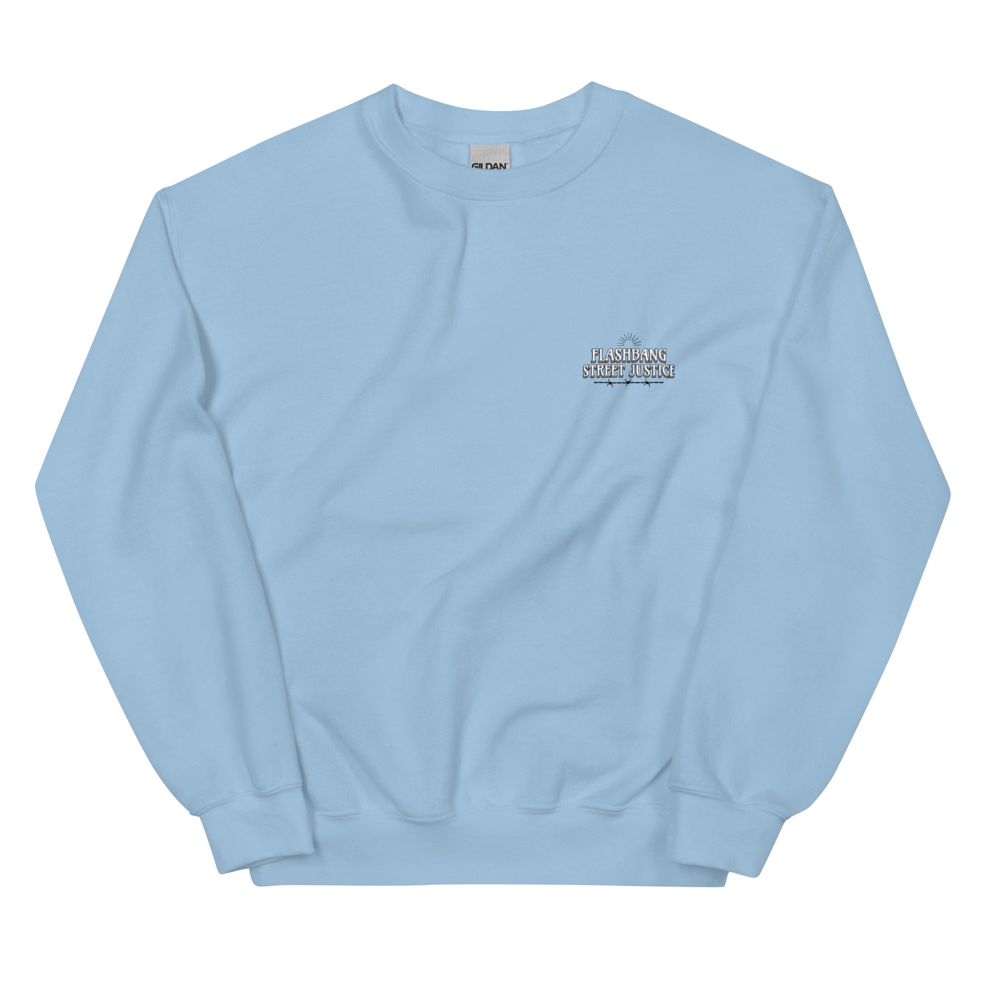 Light blue sweatshirt with a small logo on the chest against a white background