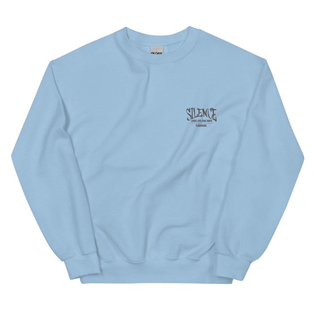 Light blue sweatshirt with a logo on the chest against a white background