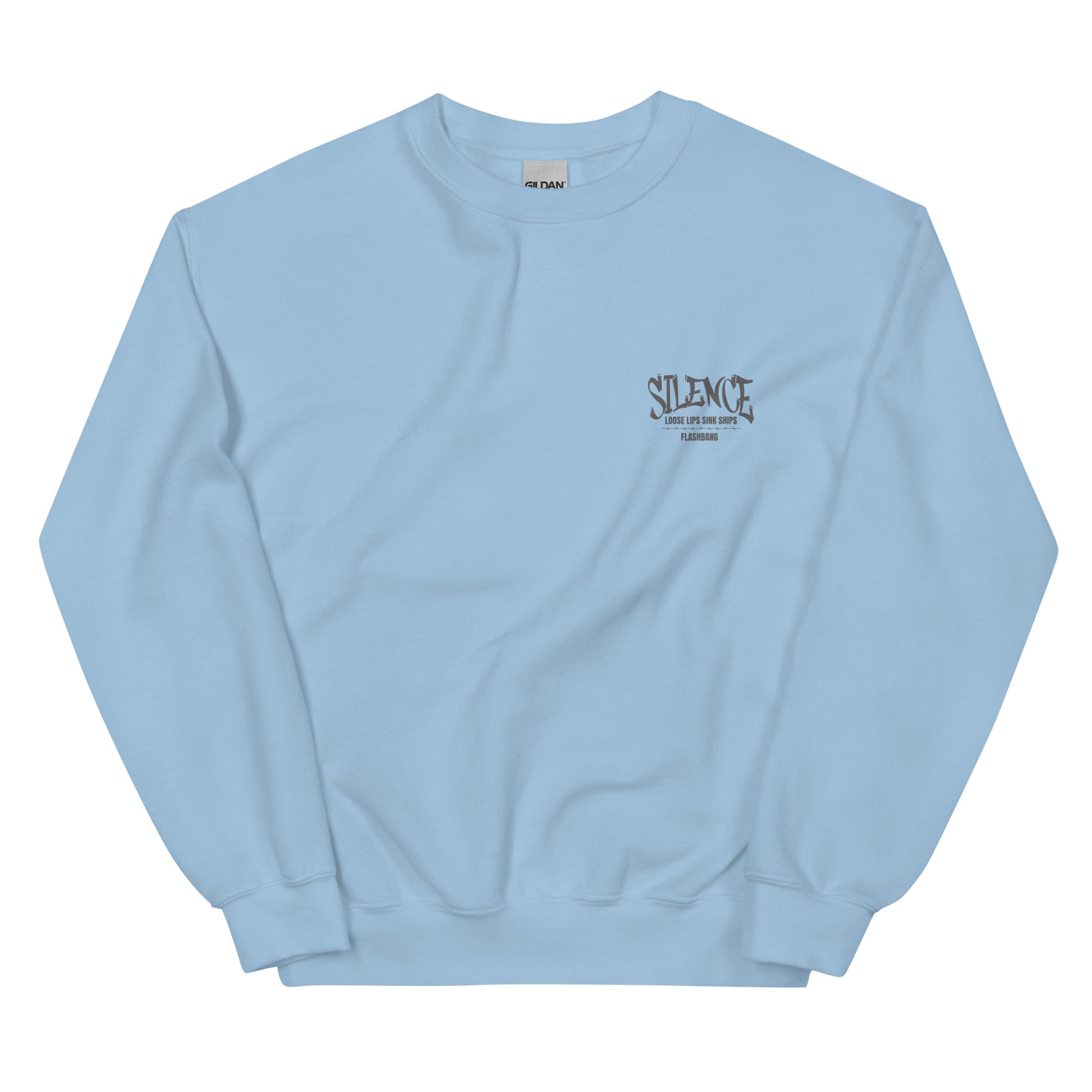 Light blue sweatshirt with a logo on the chest against a white background