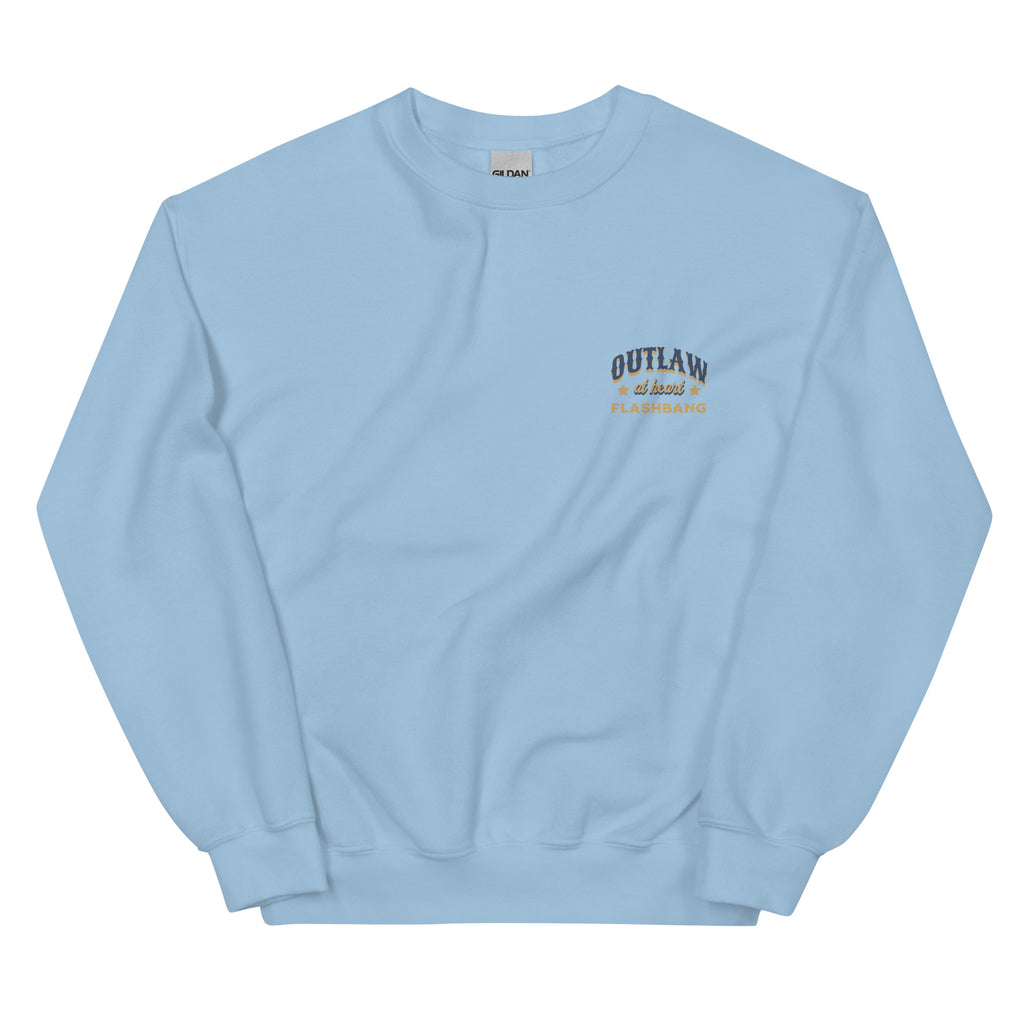 Light blue sweatshirt with 'Outlaw' text on a white background