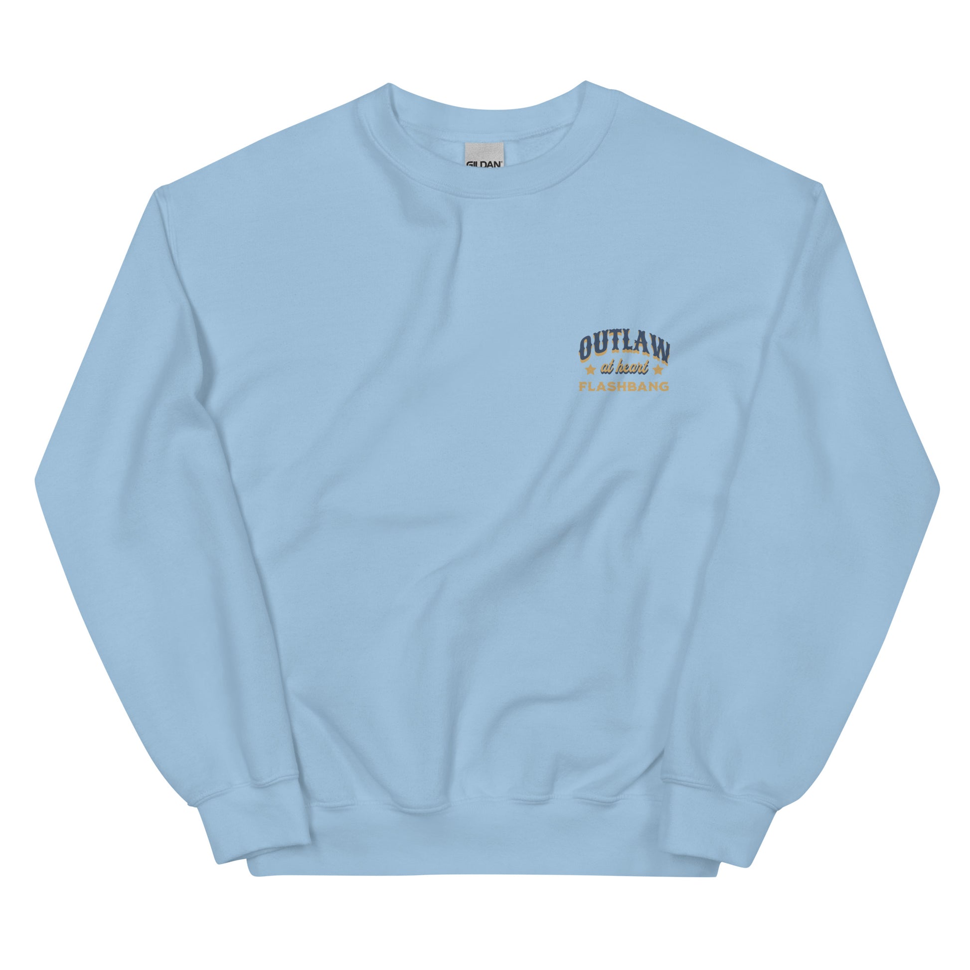 Light blue sweatshirt with 'Outlaw' text on a white background