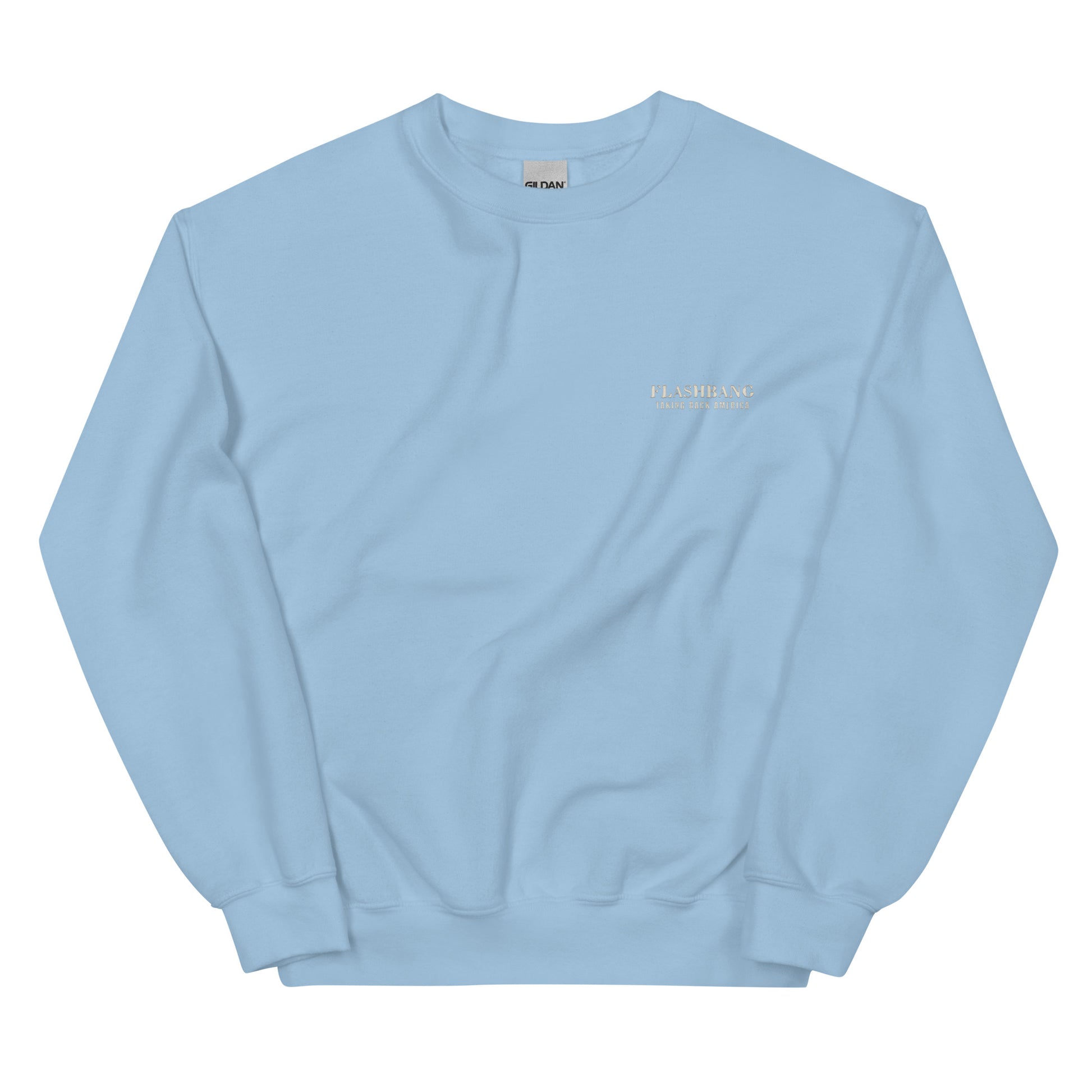 Light blue sweatshirt with a small logo on the chest against a white background