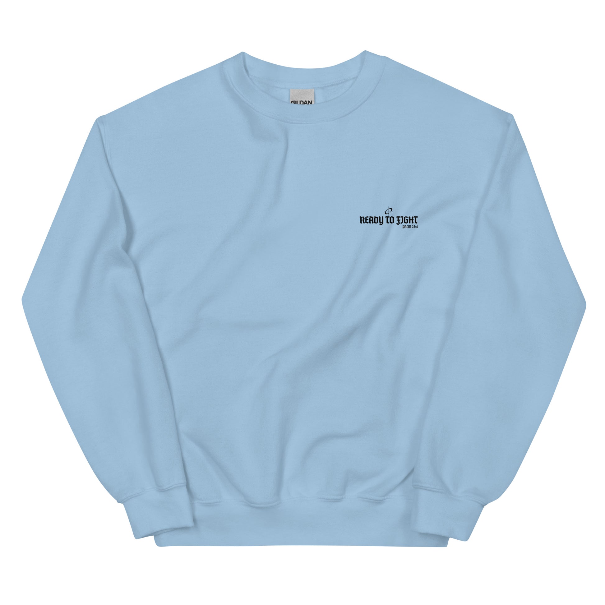 Light blue sweatshirt with text on a white background