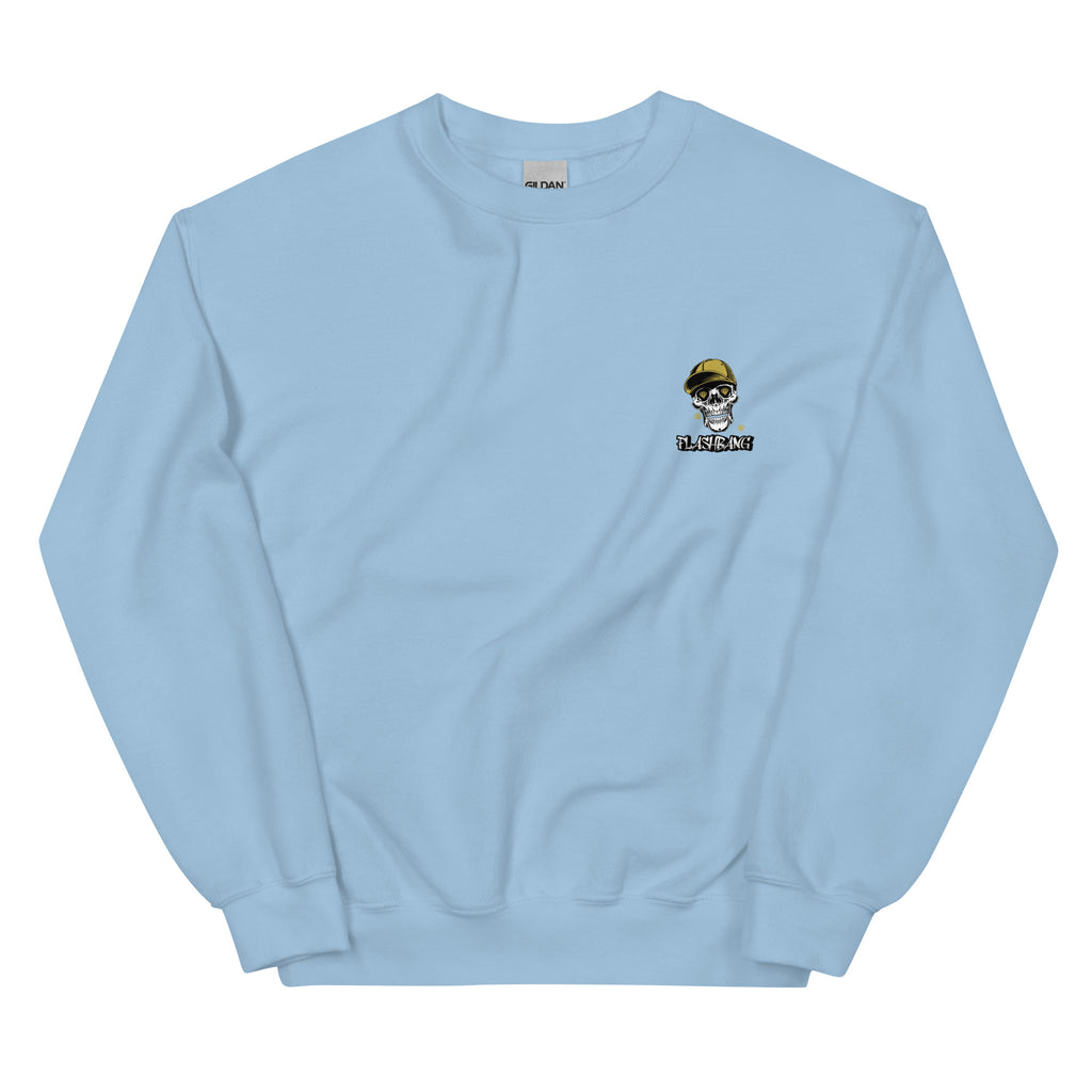 Light blue sweatshirt with a small graphic on the chest against a white background