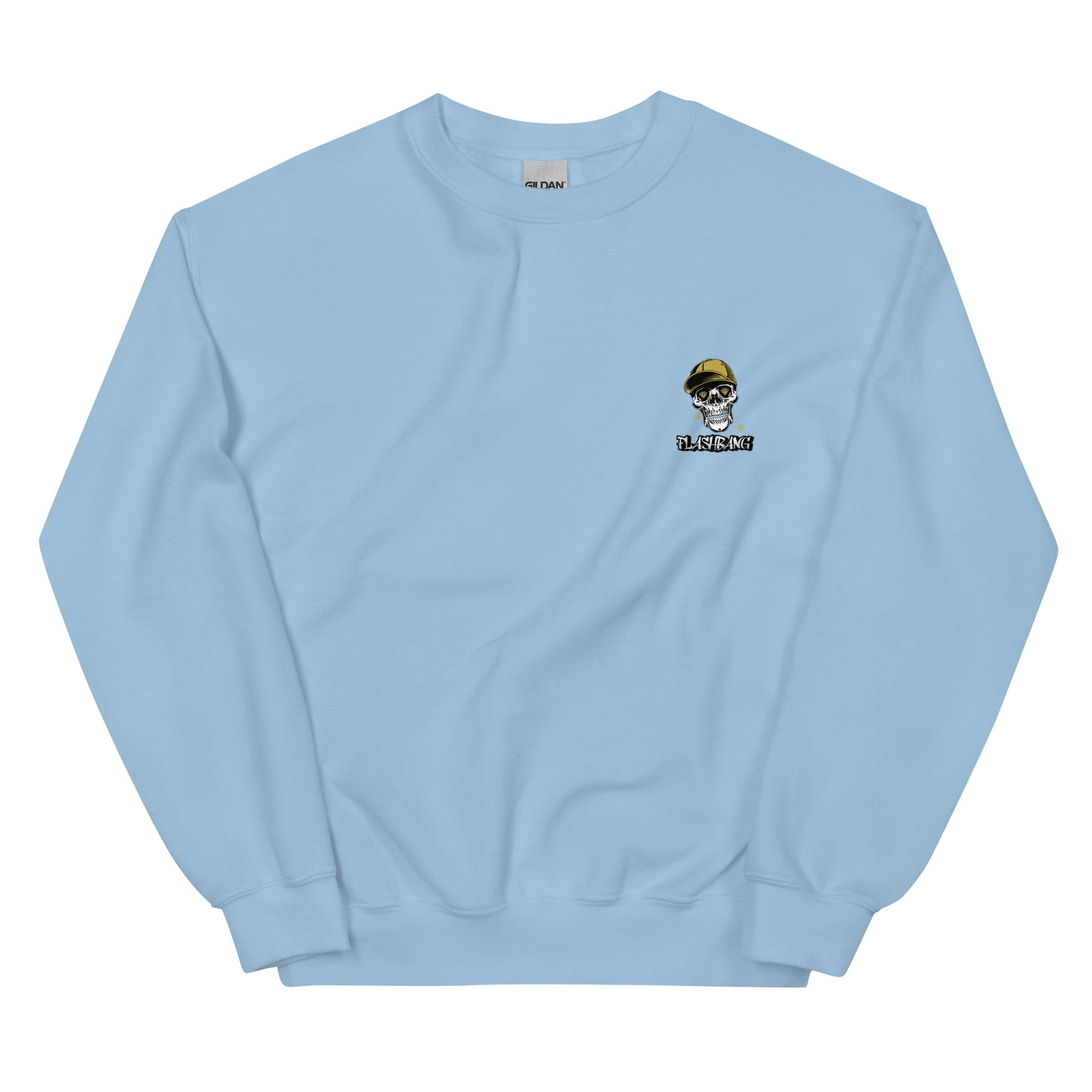 Light blue sweatshirt with a small graphic on the chest against a white background