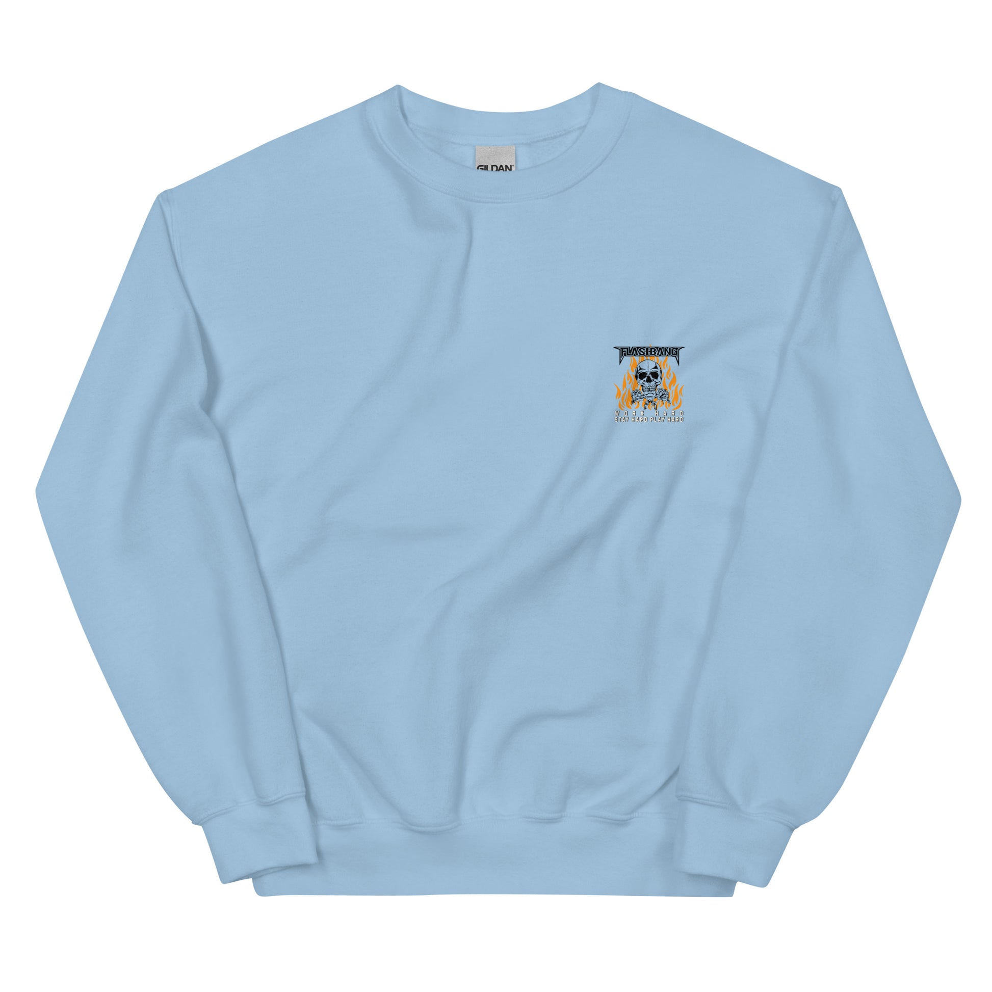 Light blue sweatshirt with a small graphic on the chest against a white background