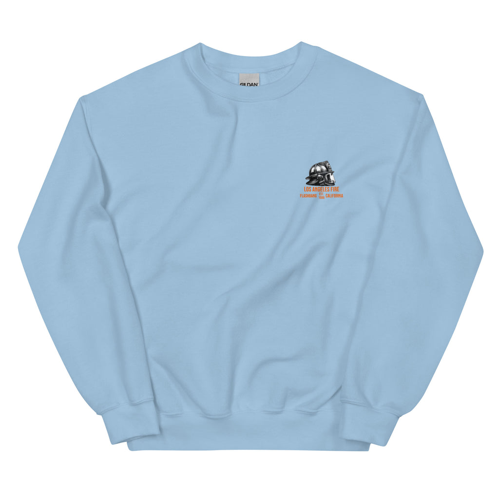 Light blue sweatshirt with a logo on the chest against a white background