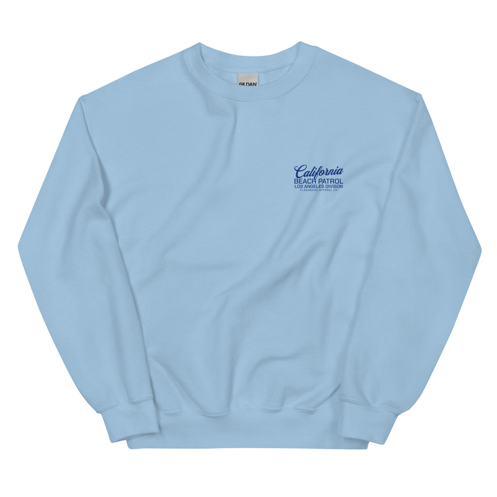 Light blue sweatshirt with 'California Beach Patrol' text on a white background