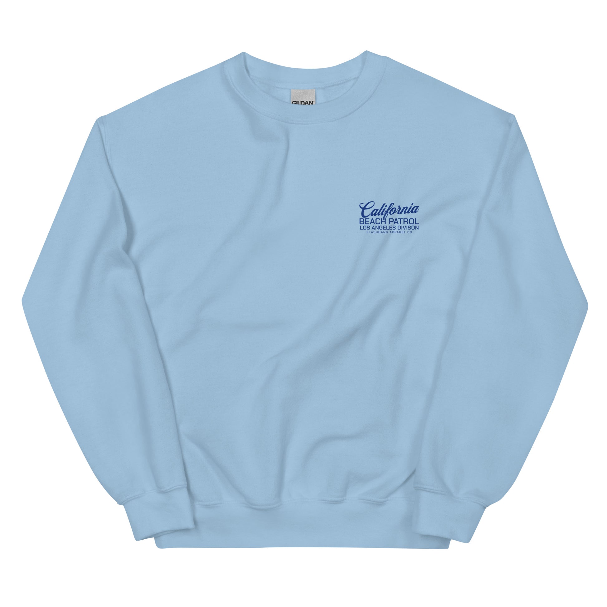 Light blue sweatshirt with 'California Beach Patrol' text on a white background