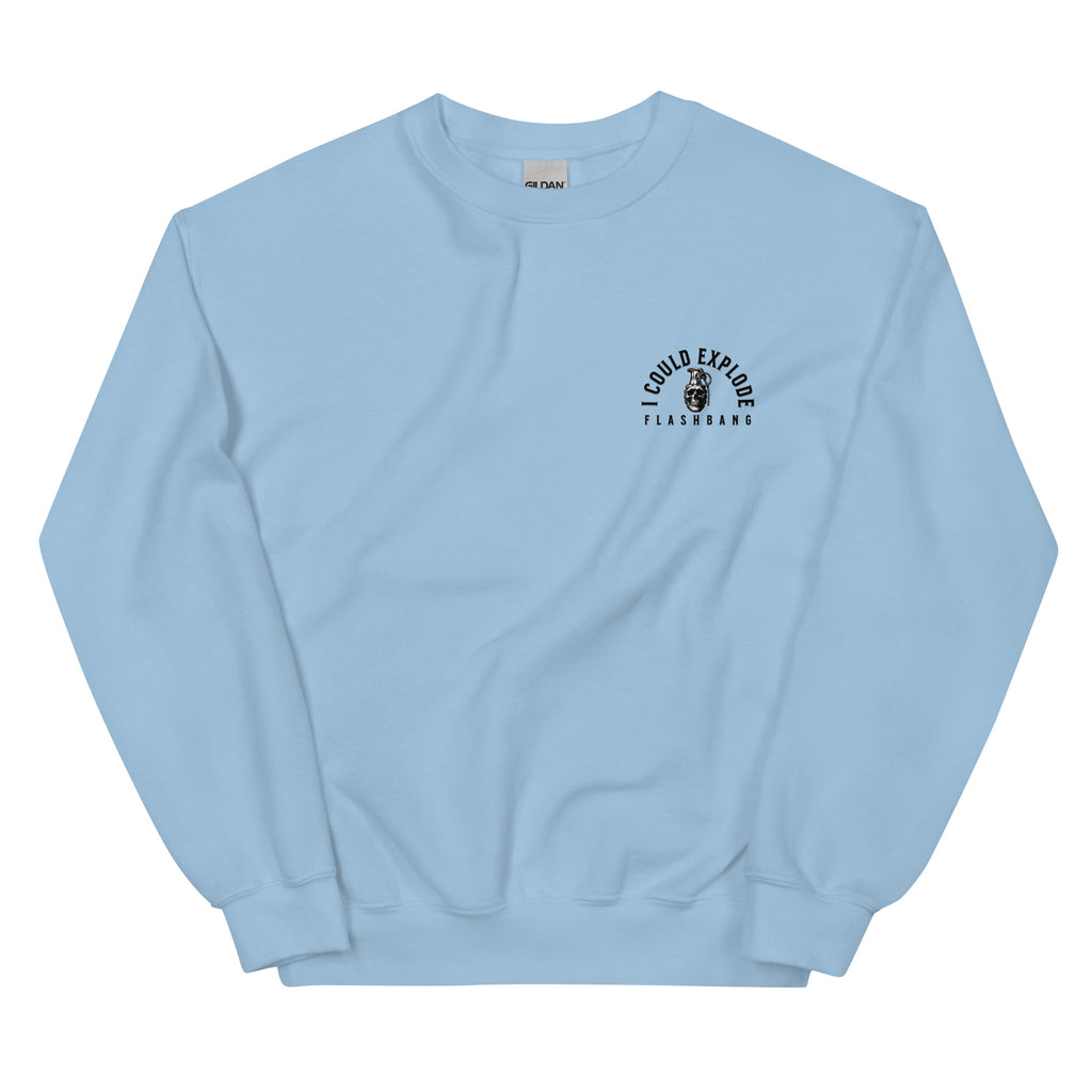 Light blue sweatshirt with a logo on the chest against a white background