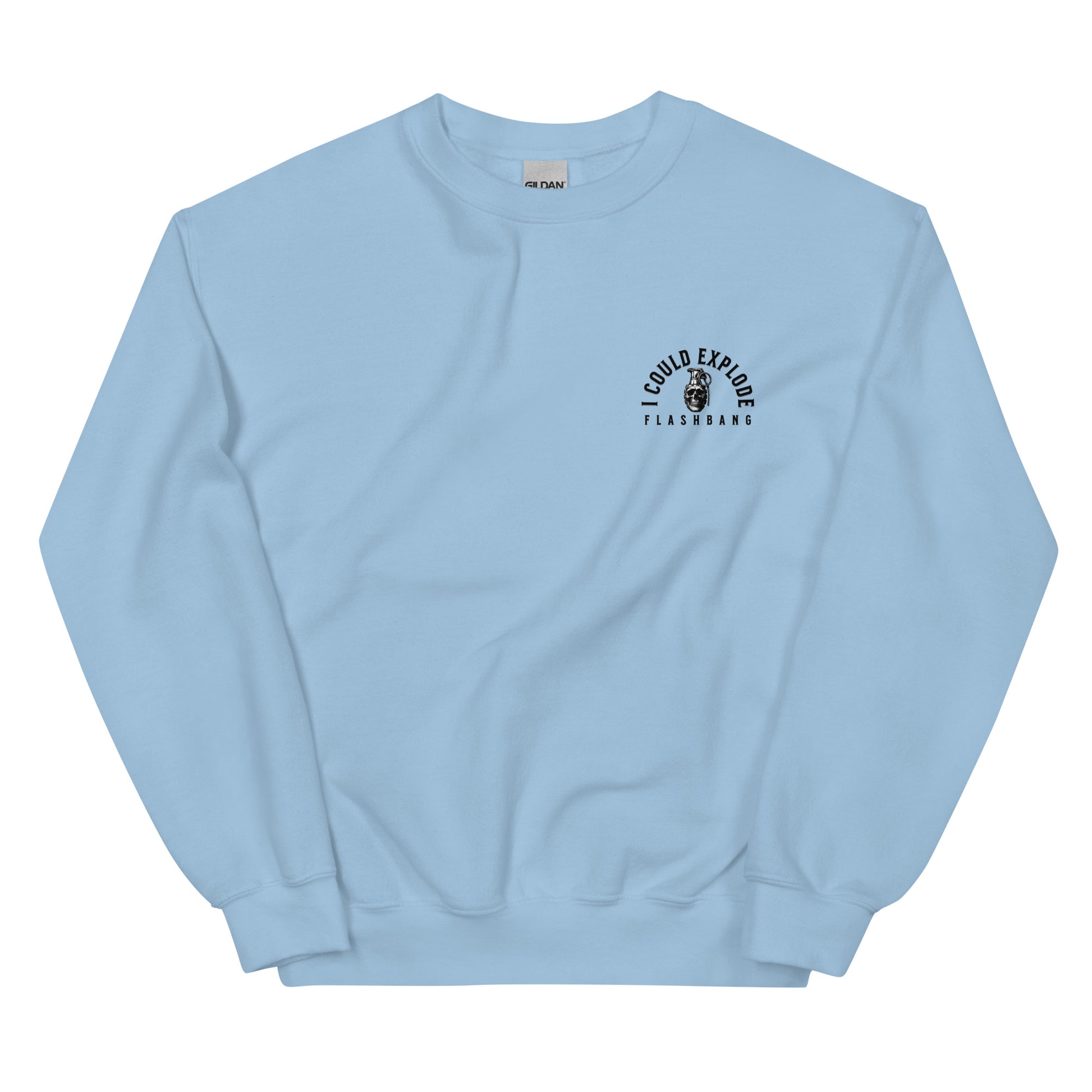 Light blue sweatshirt with a logo on the chest against a white background