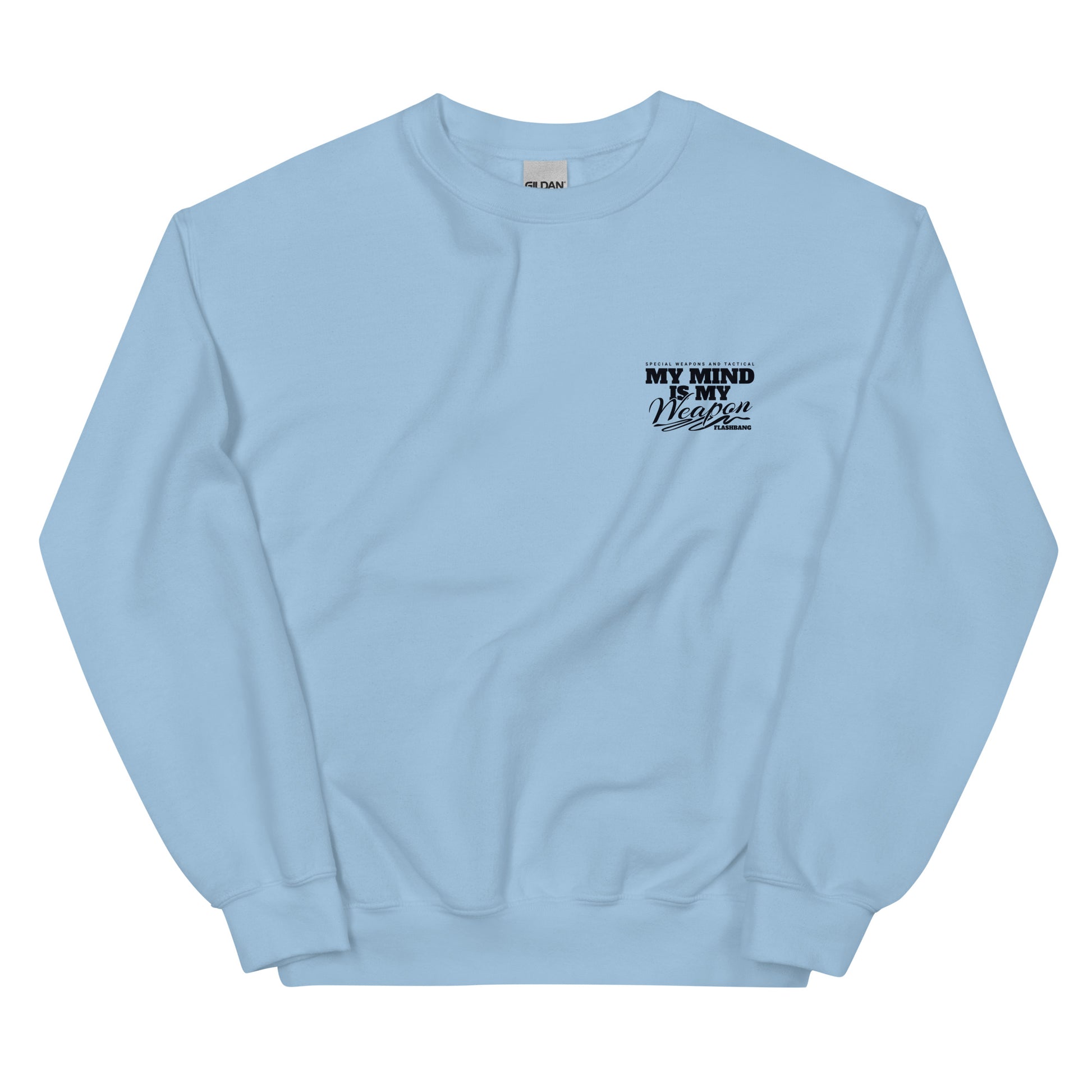 Light blue sweatshirt with text on a white background