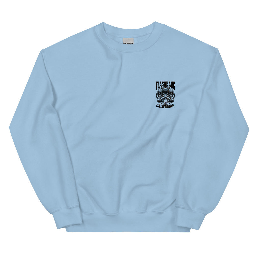Light blue sweatshirt with a graphic design on the chest against a white background