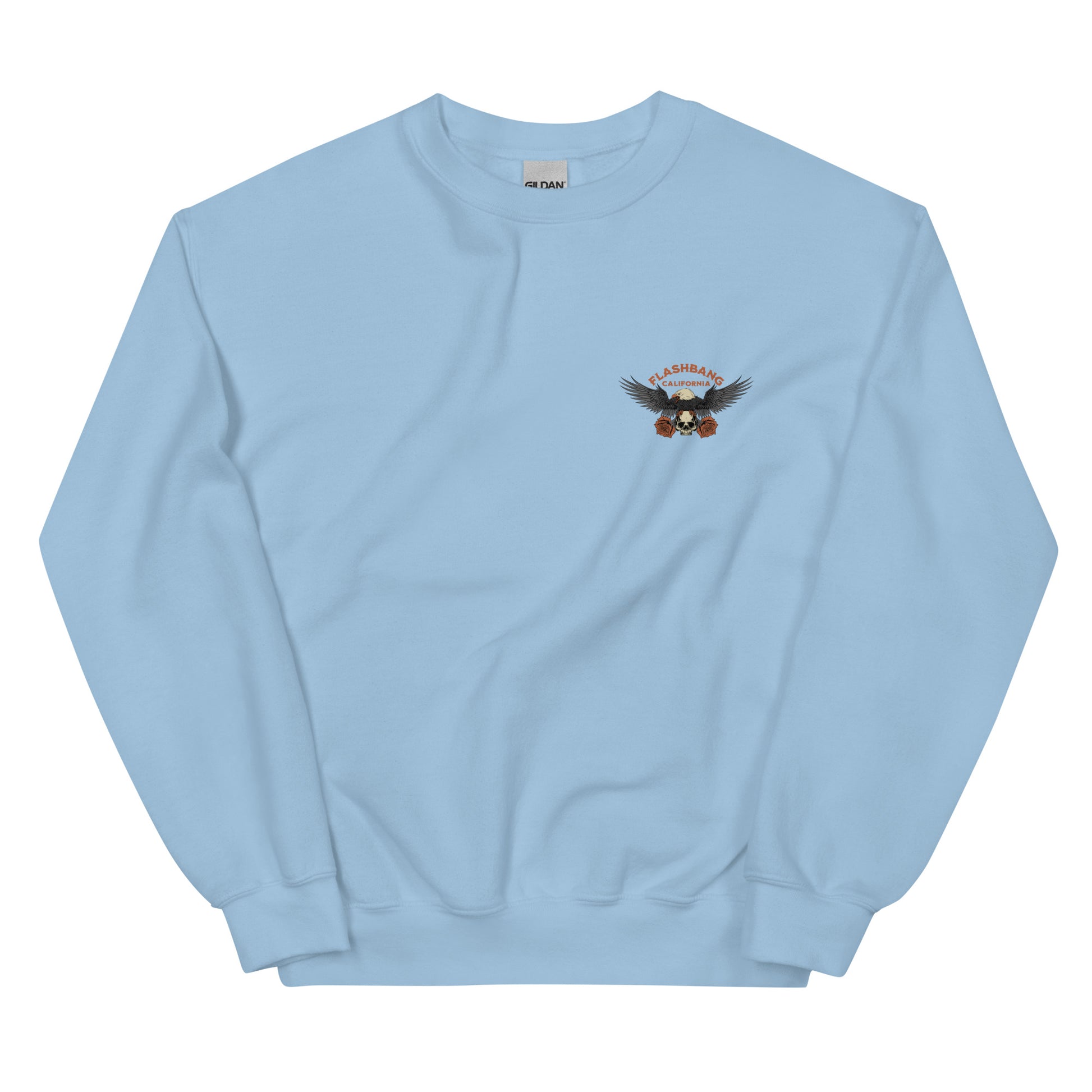 Light blue sweatshirt with a logo on the chest against a white background