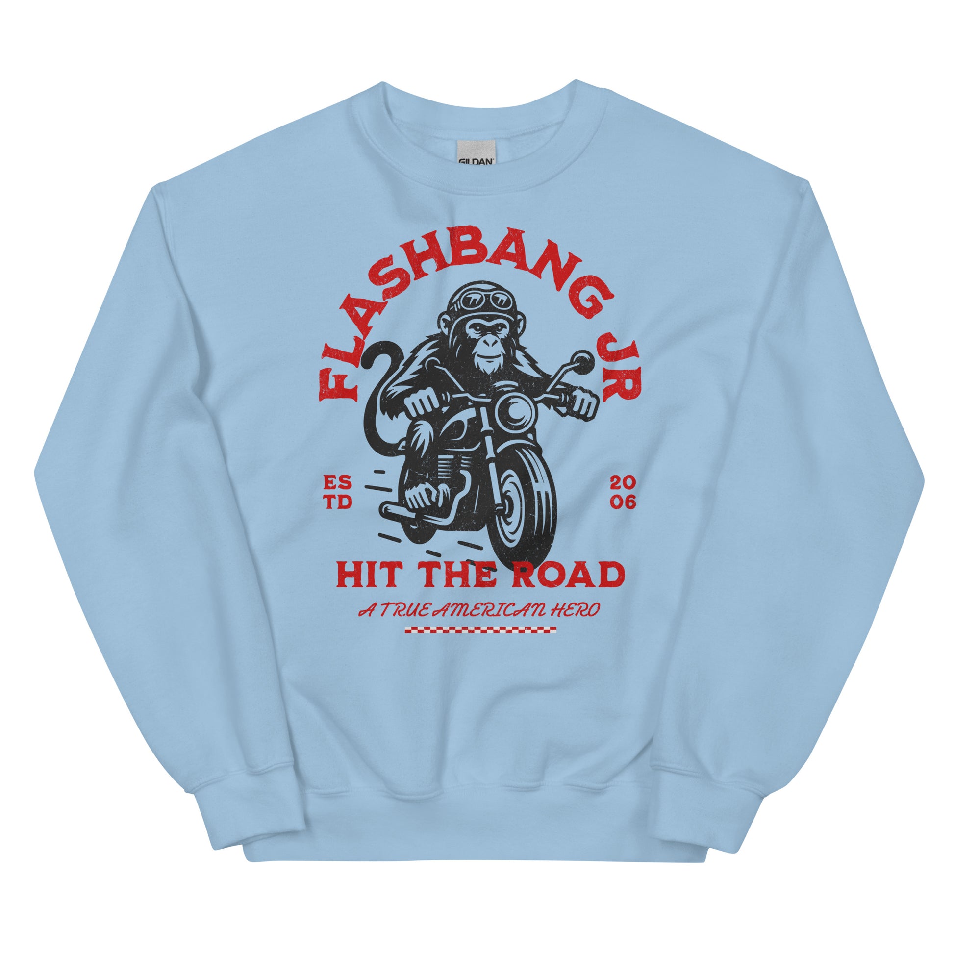 Light blue sweatshirt with a monkey on a motorcycle graphic and text 'Flashbang Jr. Hit the Road' on a white background.