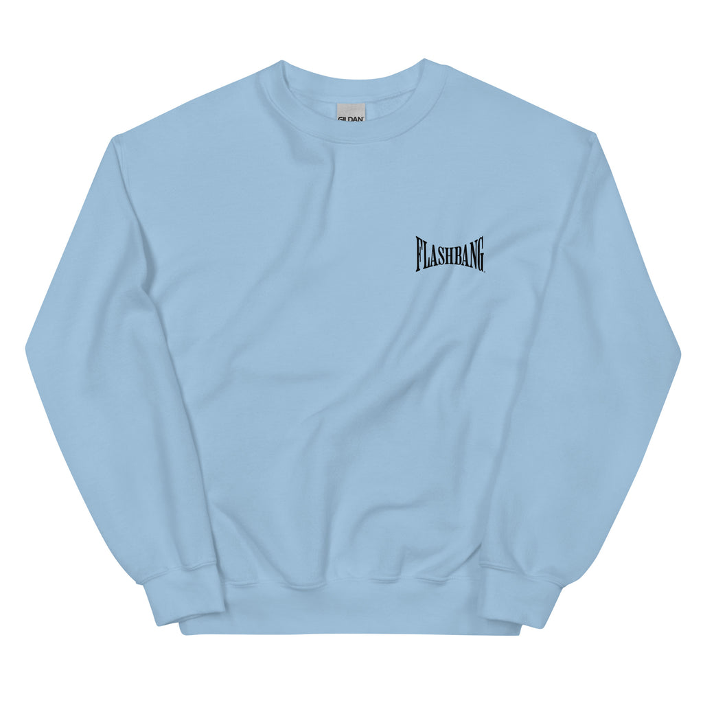 Light blue sweatshirt with 'FLASHBANG' logo on a white background