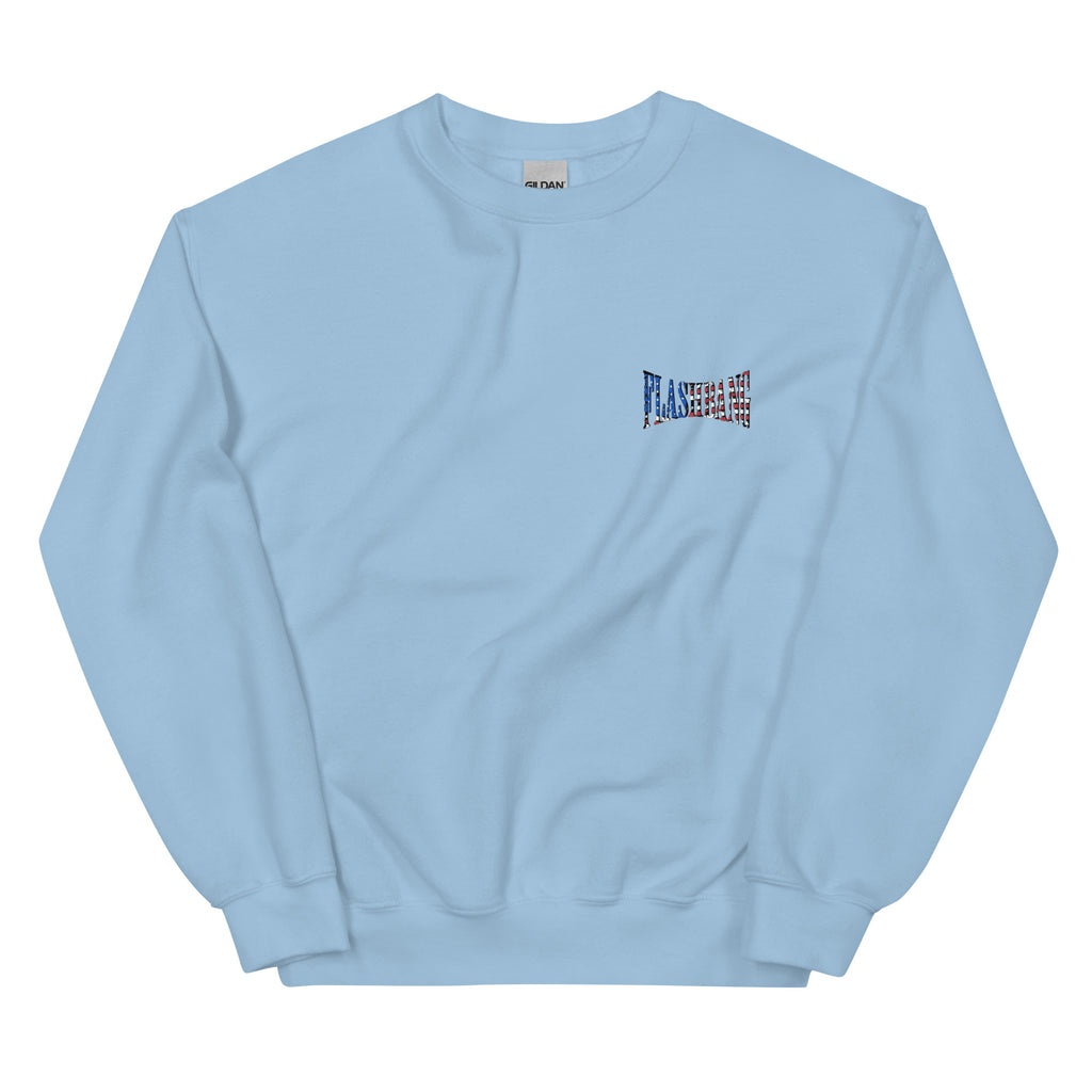 Light blue sweatshirt with a small logo on the chest against a white background