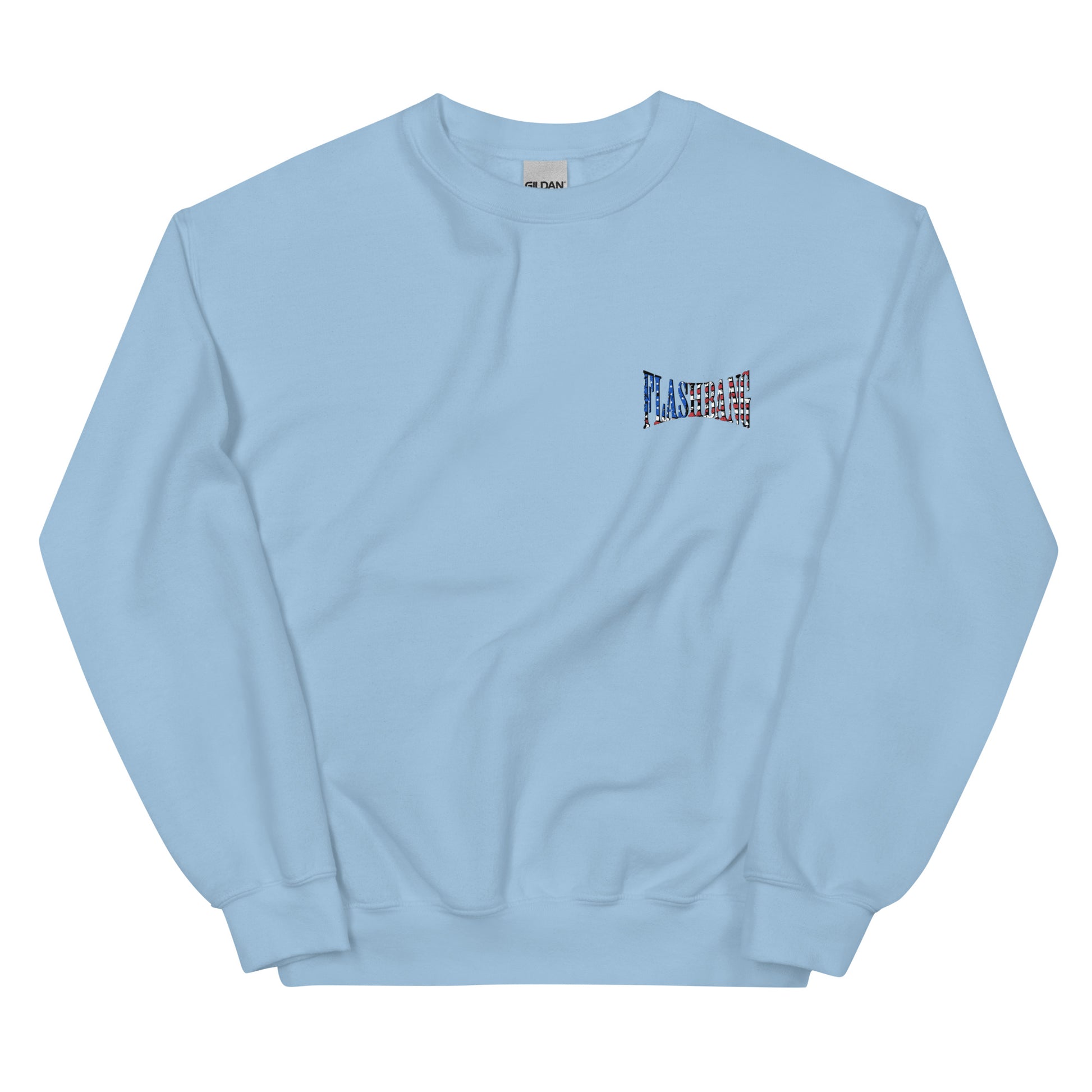 Light blue sweatshirt with a small logo on the chest against a white background