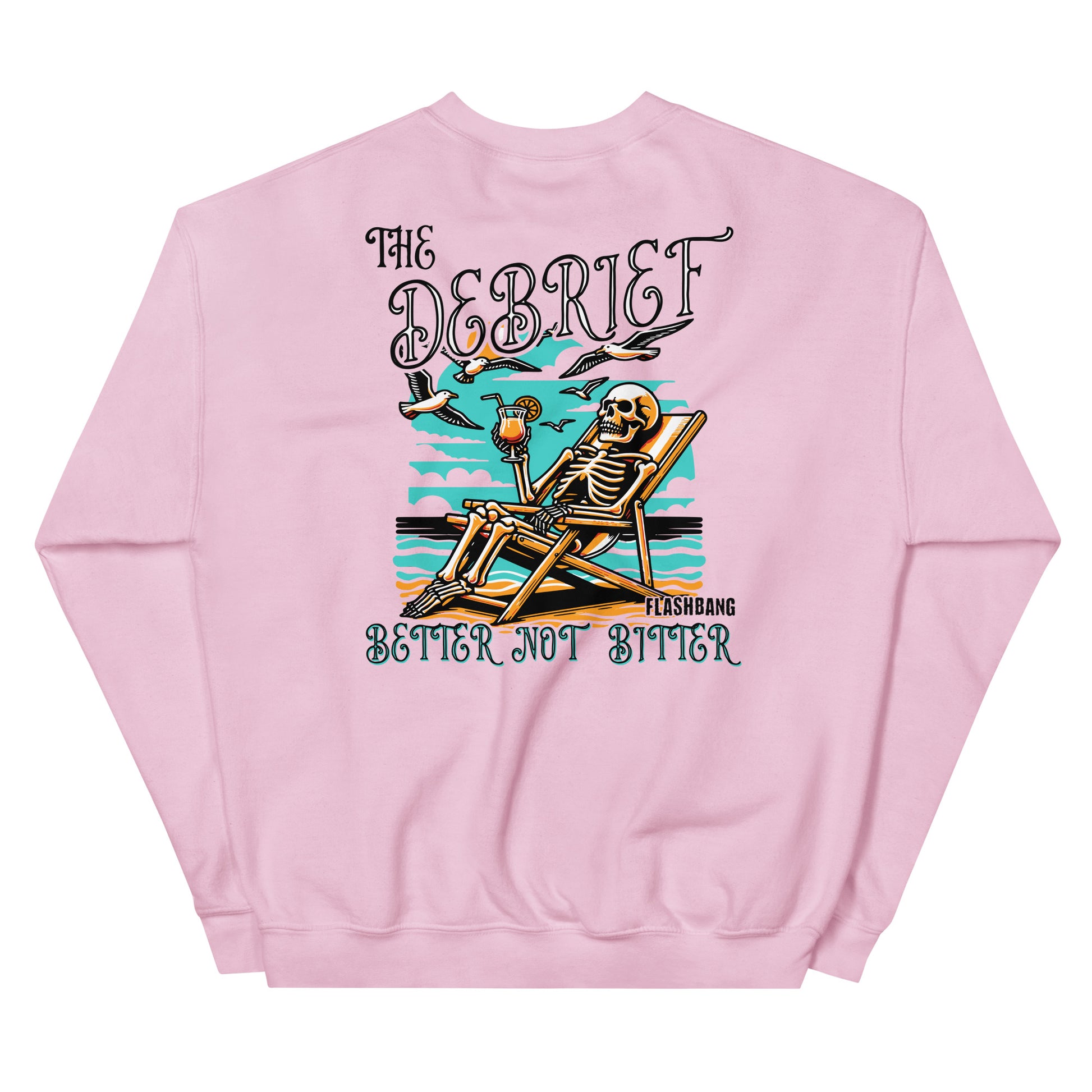 Pink sweatshirt with a skeleton design and text on the back, on a white background