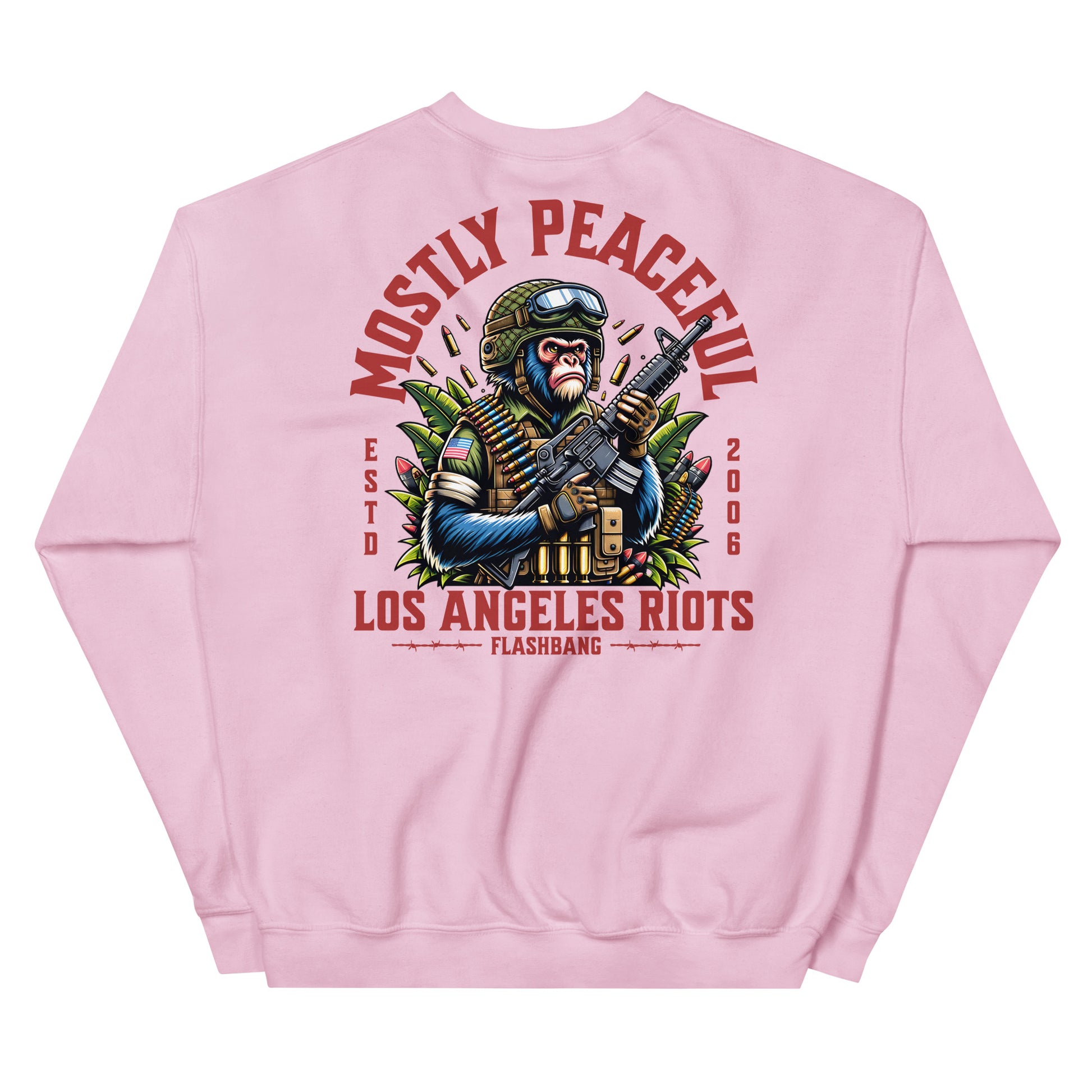 Pink sweatshirt with graphic design and text on a white background