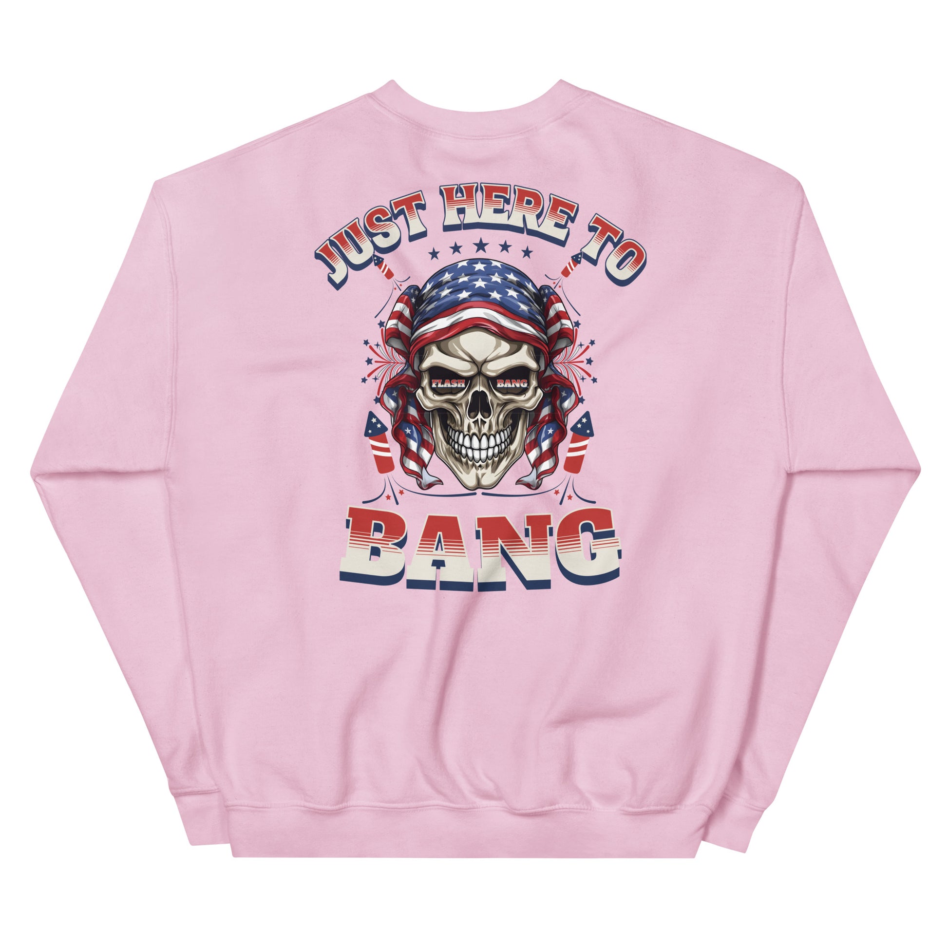 Pink sweatshirt with a skull graphic and text on the back against a white background