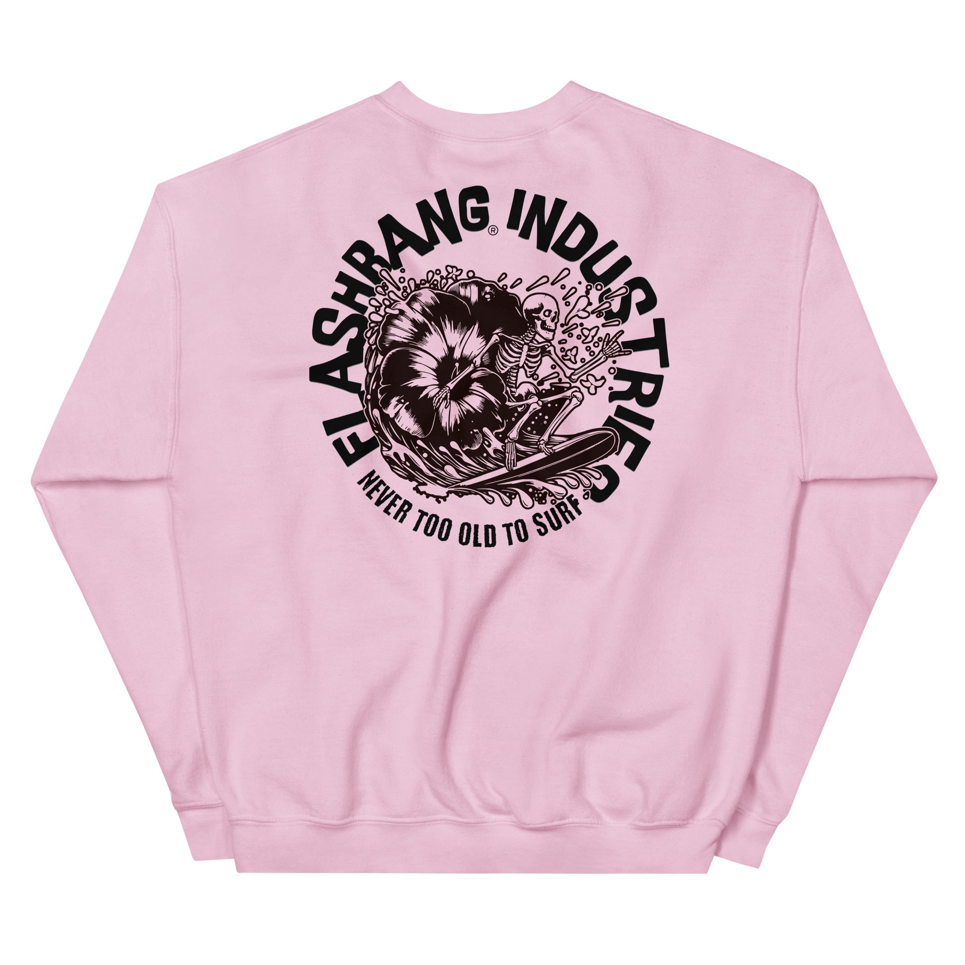 Pink sweatshirt with black graphic design and text on a white background