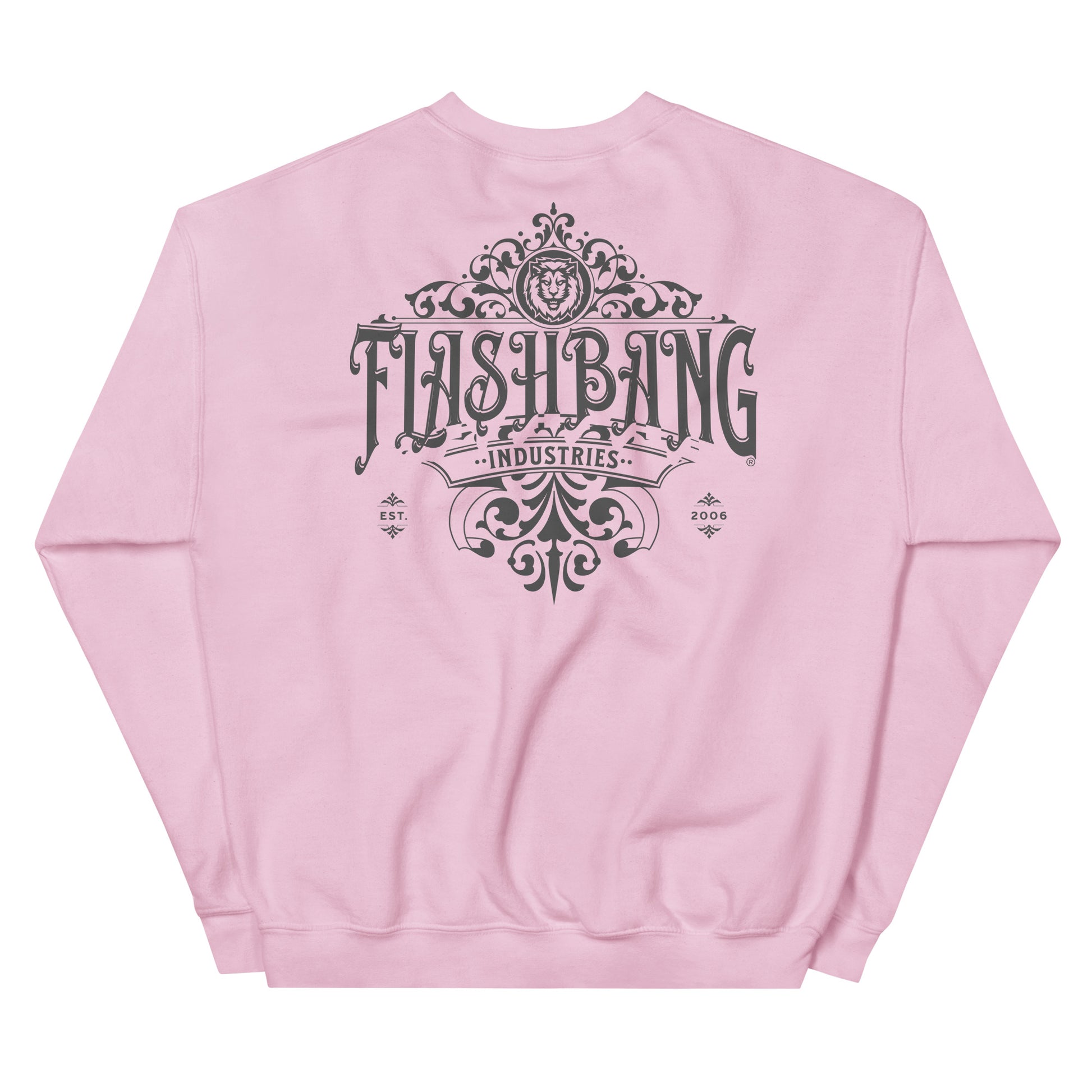 Pink sweatshirt with 'Flashbang Industries' logo on a white background