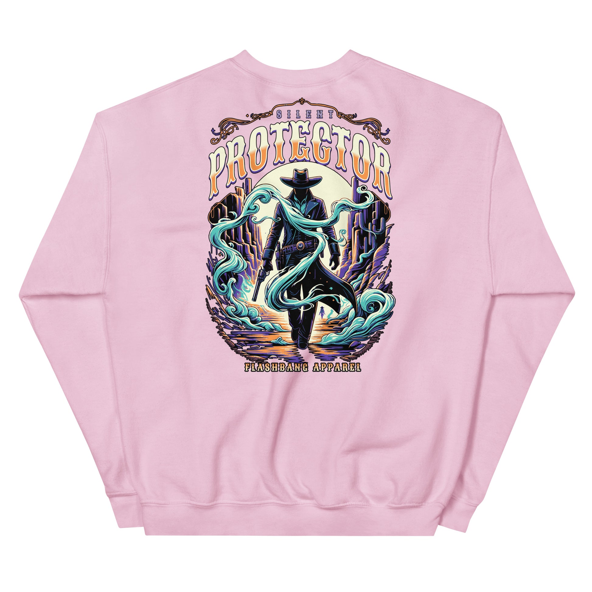 Pink sweatshirt with a graphic design on the back featuring a cowboy and text 'PROTECTOR'.