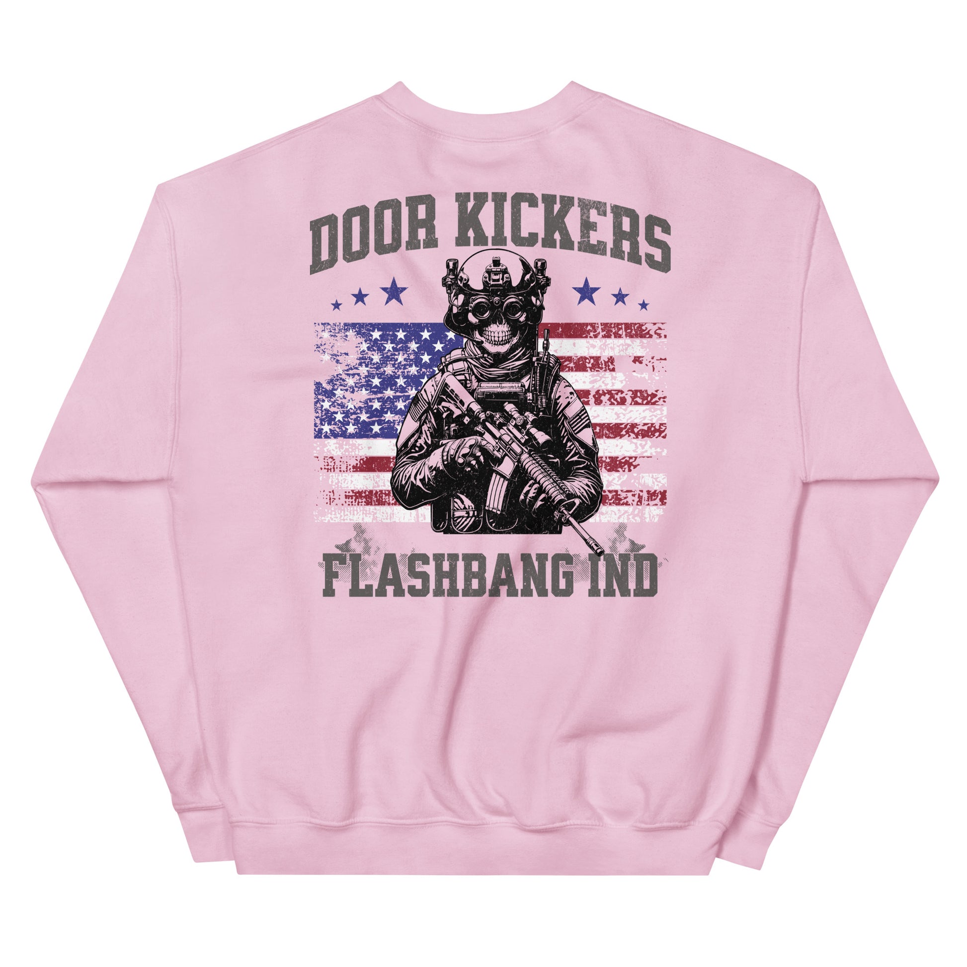Pink sweatshirt with graphic design and text on a white background