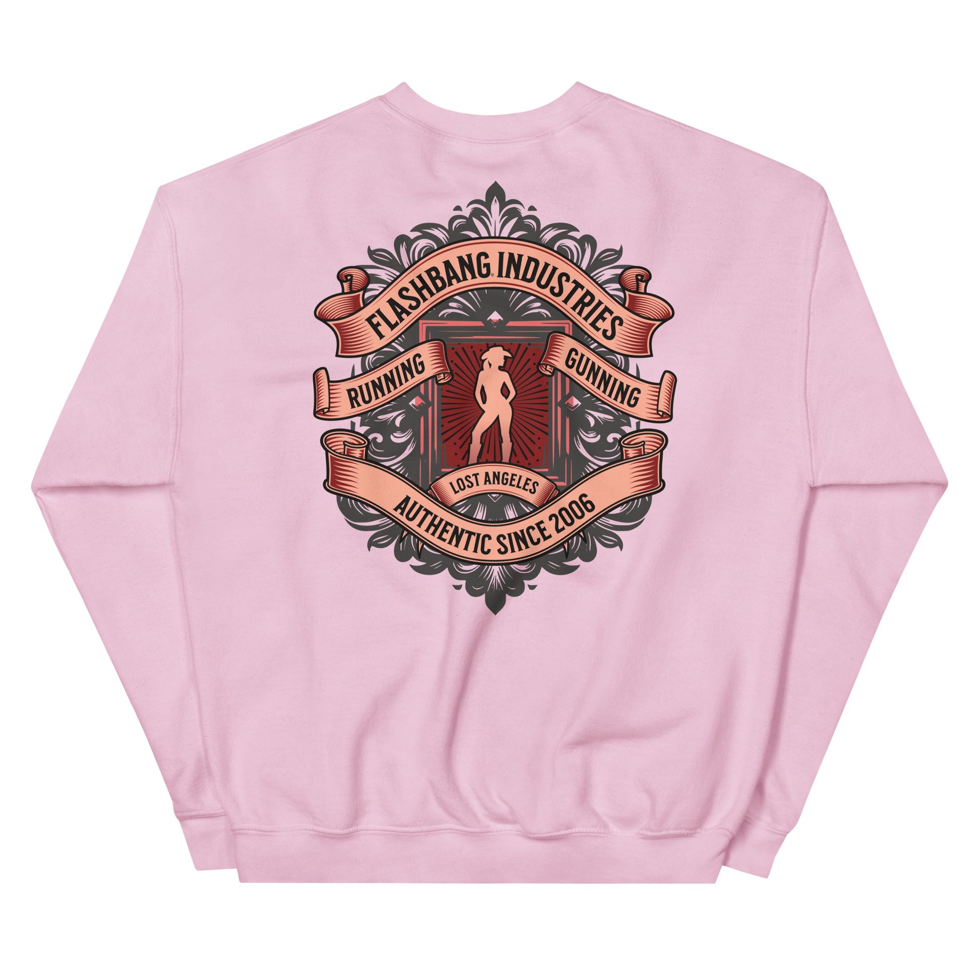 Pink sweatshirt with a graphic design on the back on a white background