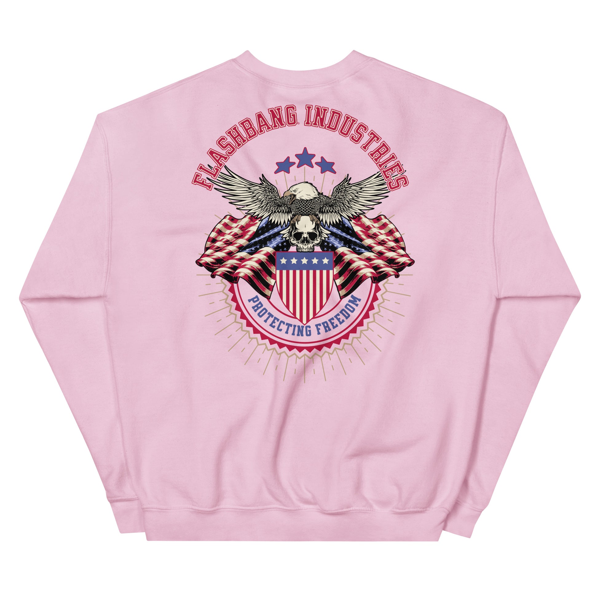 Pink sweatshirt with an eagle and American flag design on the back, featuring the text 'Flashbang Industries Protecting Freedom'.
