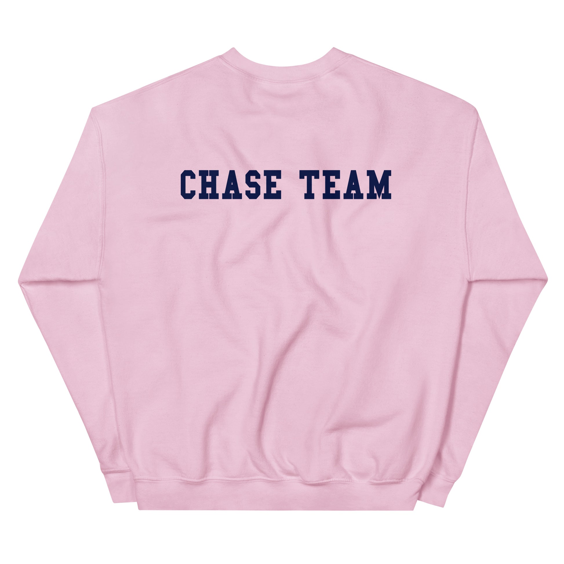 Pink sweatshirt with 'CHASE TEAM' text on the back against a white background