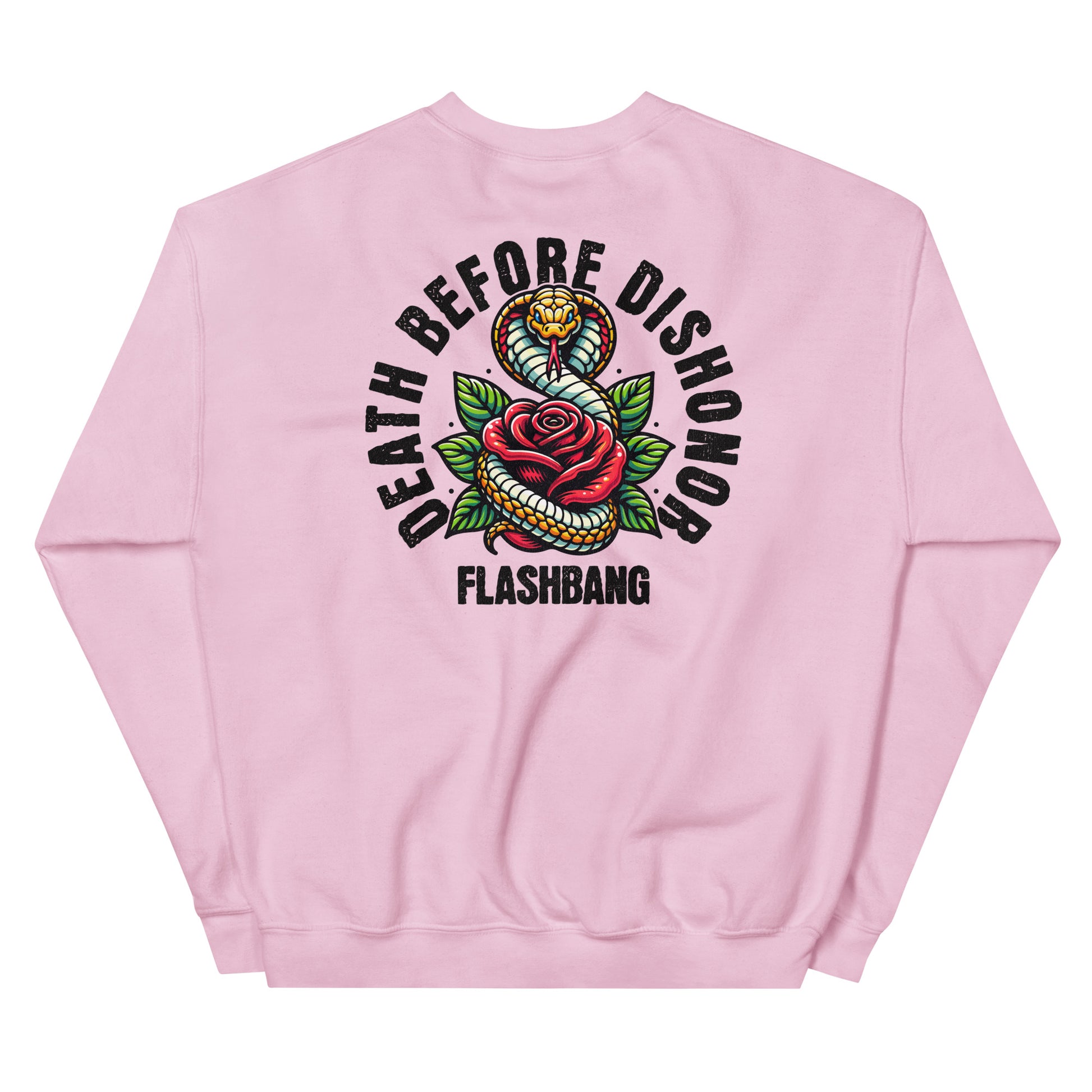 Pink sweatshirt with 'Death Before Dishonor Flashbang' design on the back