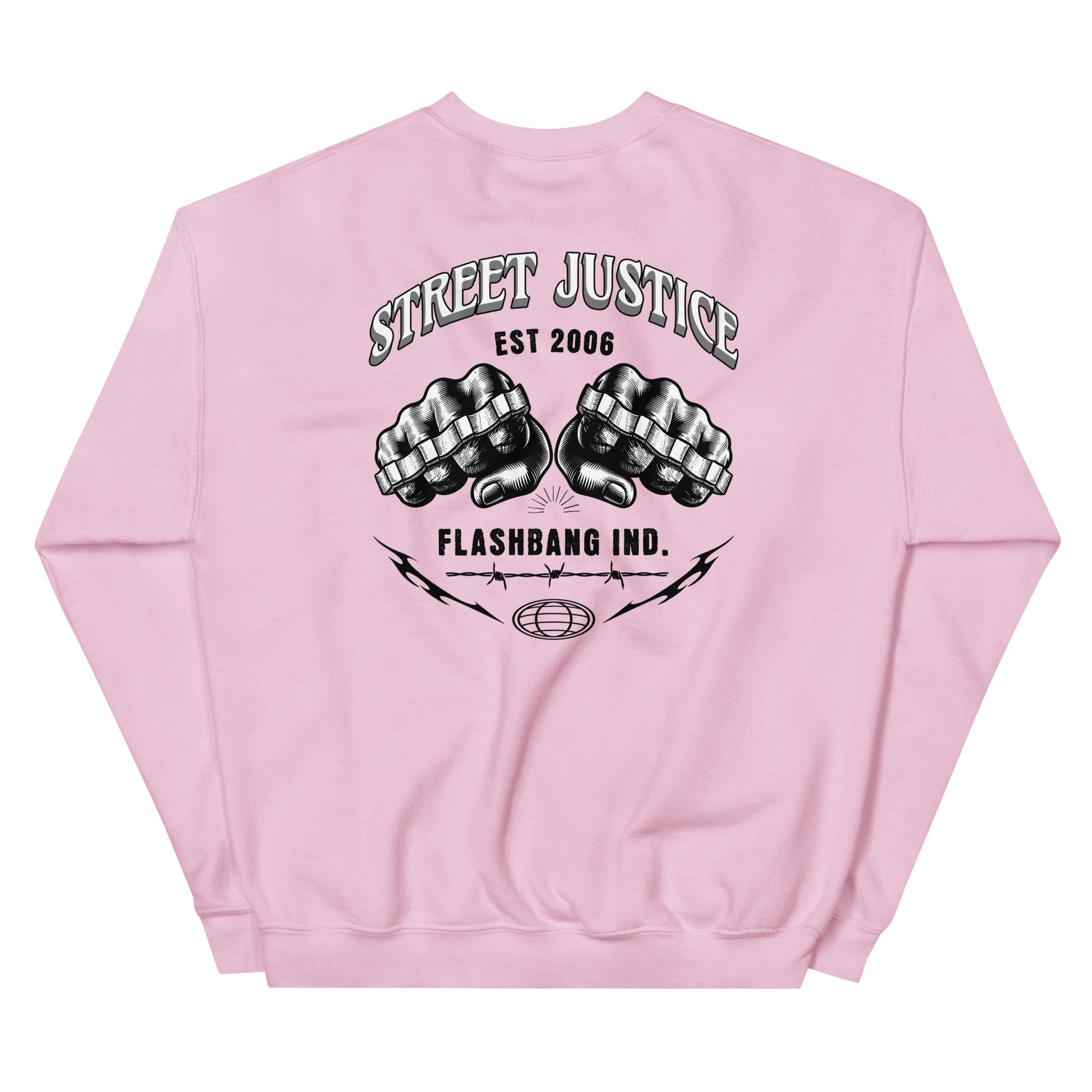 Pink sweatshirt with black graphic design on a white background