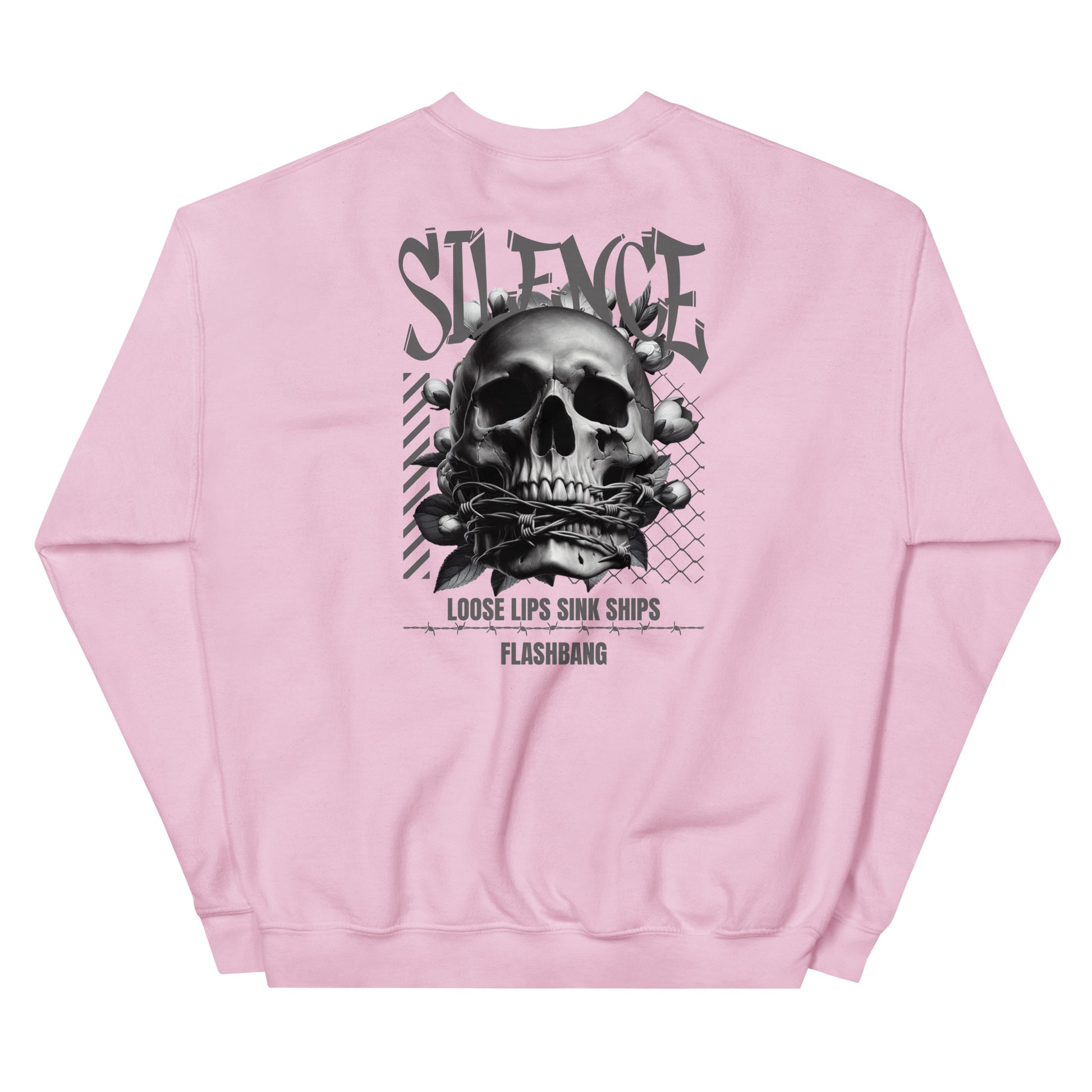 Pink sweatshirt with a skull graphic and text on a white background