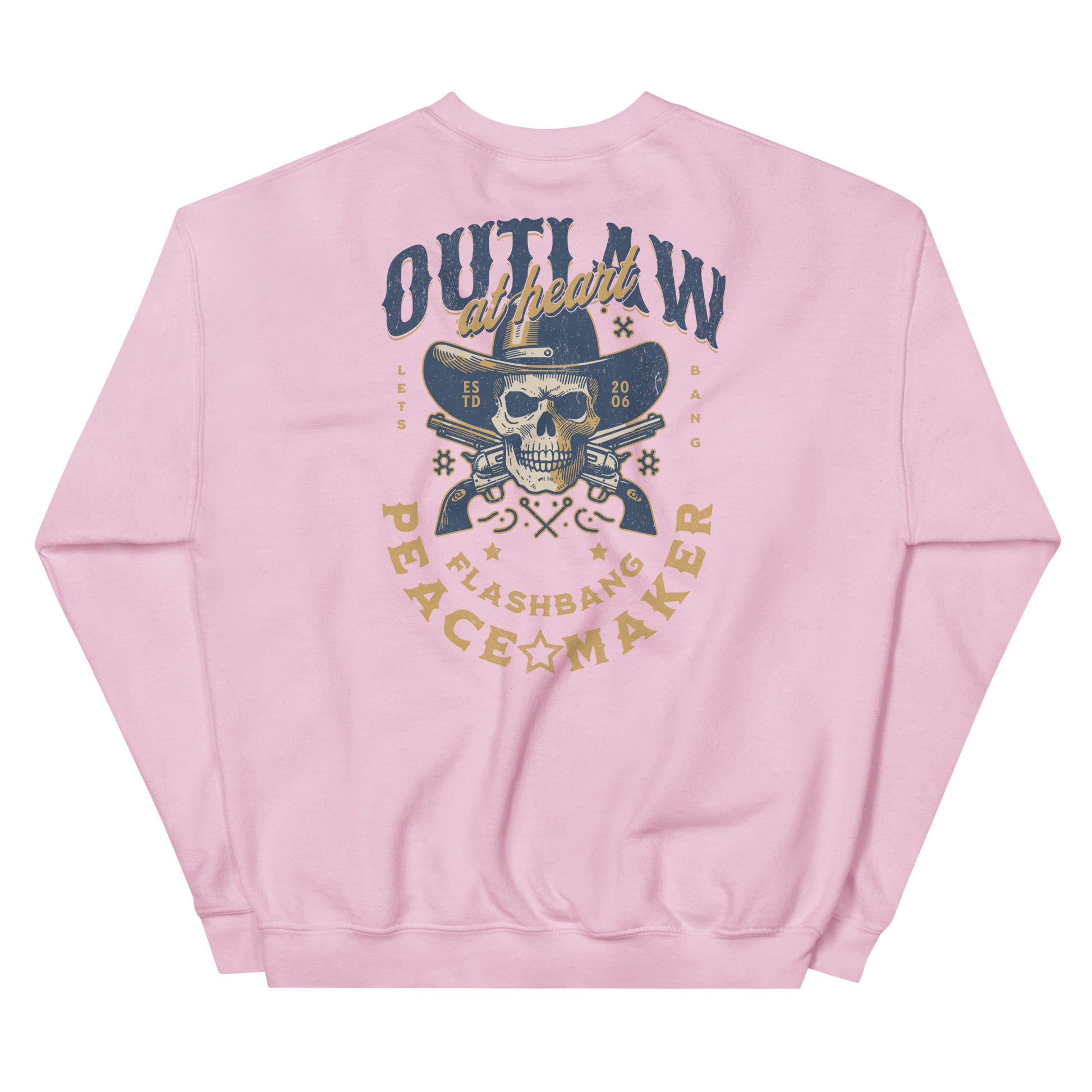 Pink sweatshirt with a skull and hat graphic and text on a white background