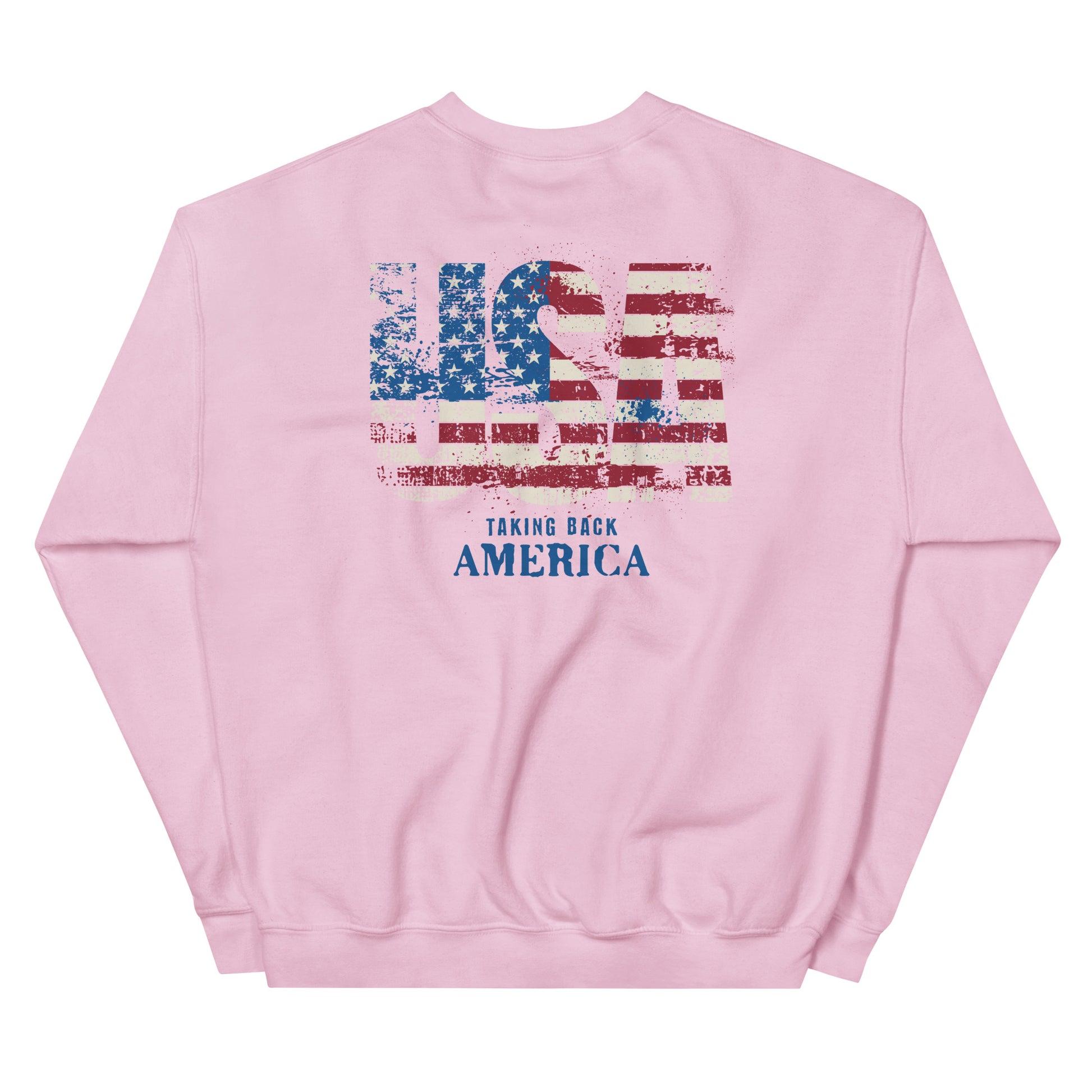 Pink sweatshirt with American flag design and 'Taking Back America' text on a white background