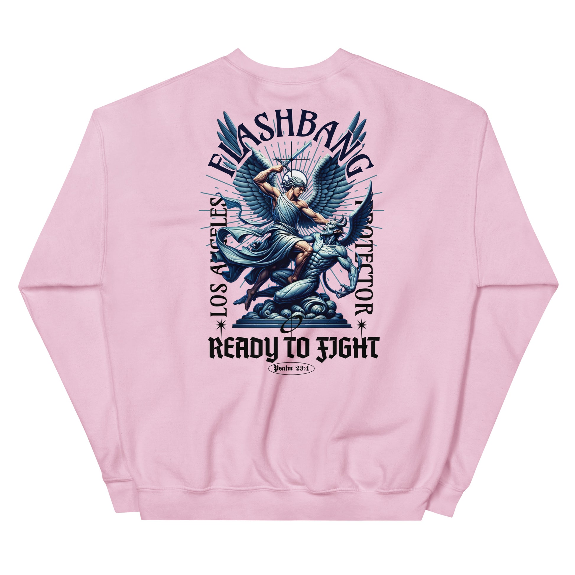 Pink sweatshirt with graphic design and text on a white background