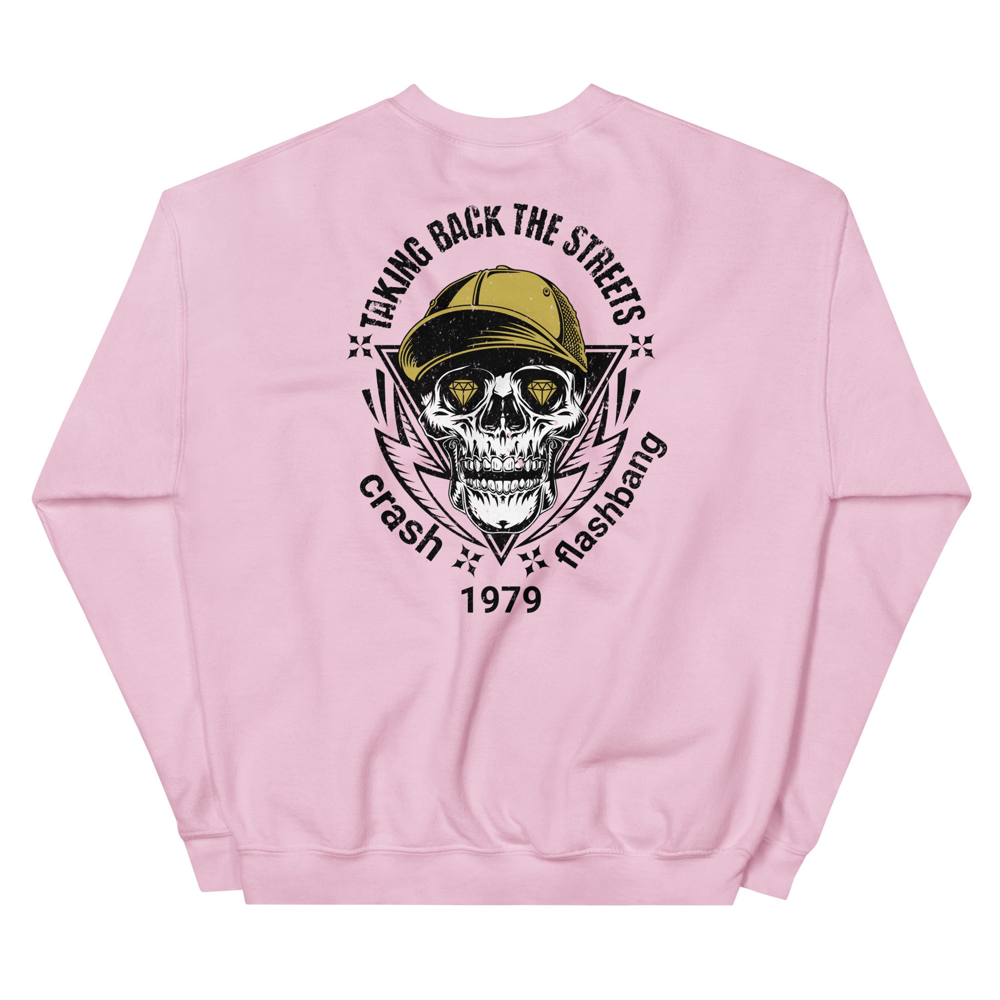 Pink sweatshirt with a skull and cap graphic and text on the back against a white background