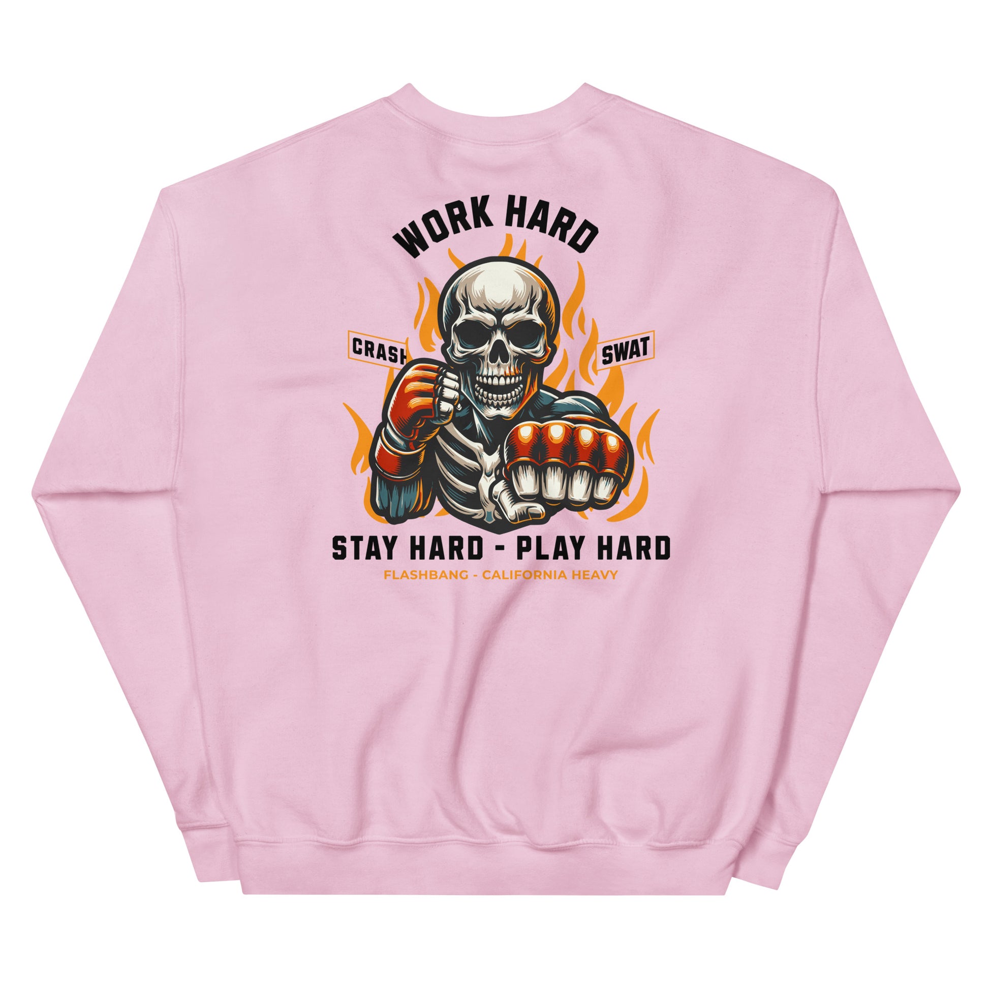 Pink sweatshirt with a graphic design of a skeleton and text on the back, on a white background.