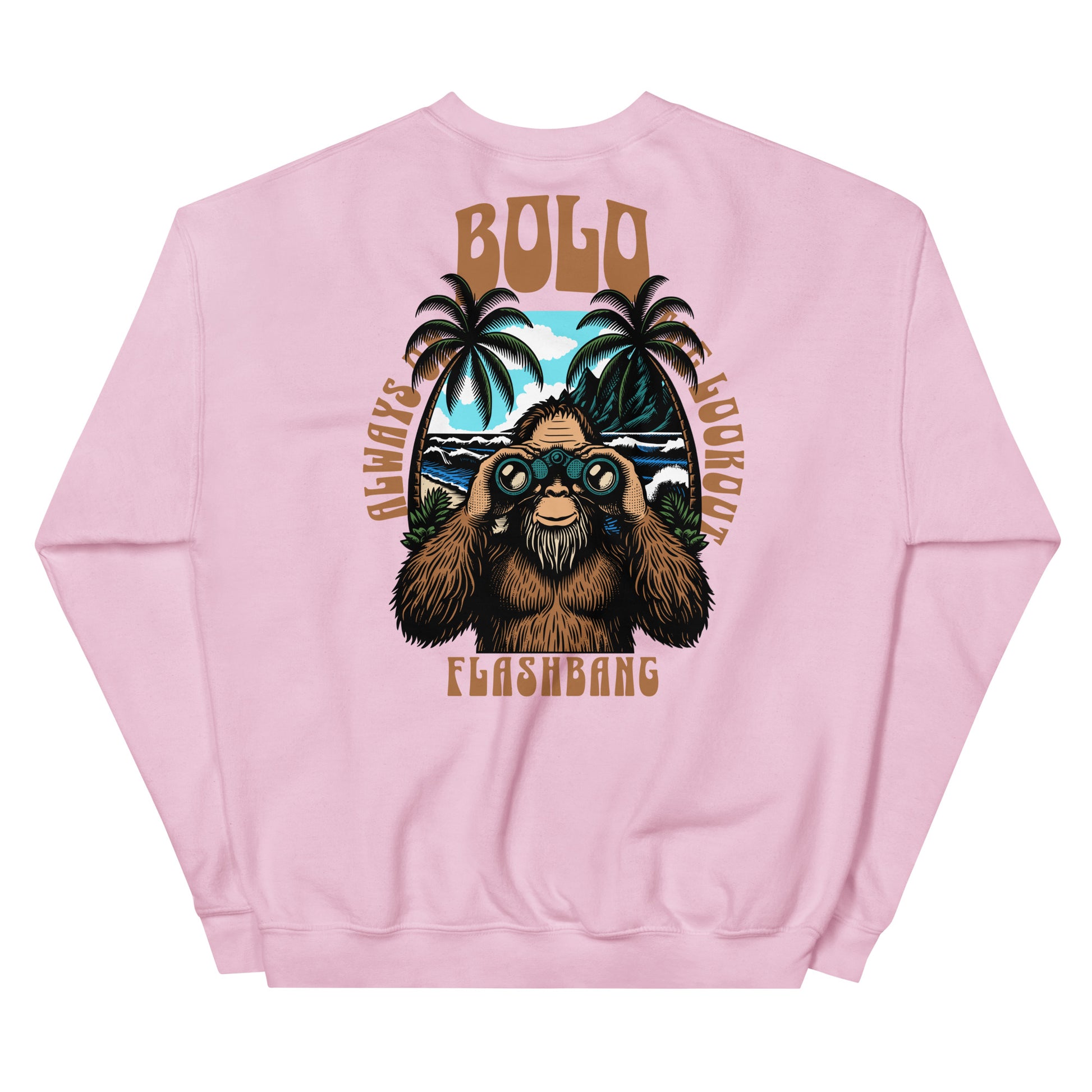 Pink sweatshirt with a sloth graphic and text on the back against a white background